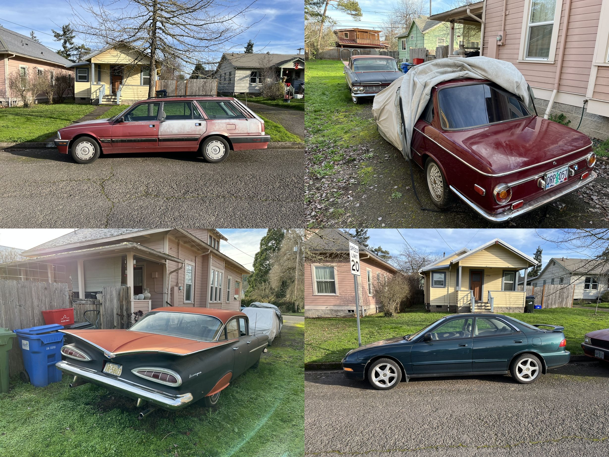 My Tenants Drive Curbside Classics: '89 Peugeot 505 Wagon, '71 BMW 2002, '99 Acura Integra, '59 Chevy, And More 1 Collage of a 1989 Peugeot station wagon, a BMW 2002 with a car cover, a rusty 1959 Chevrolet, and an Acura Integra
