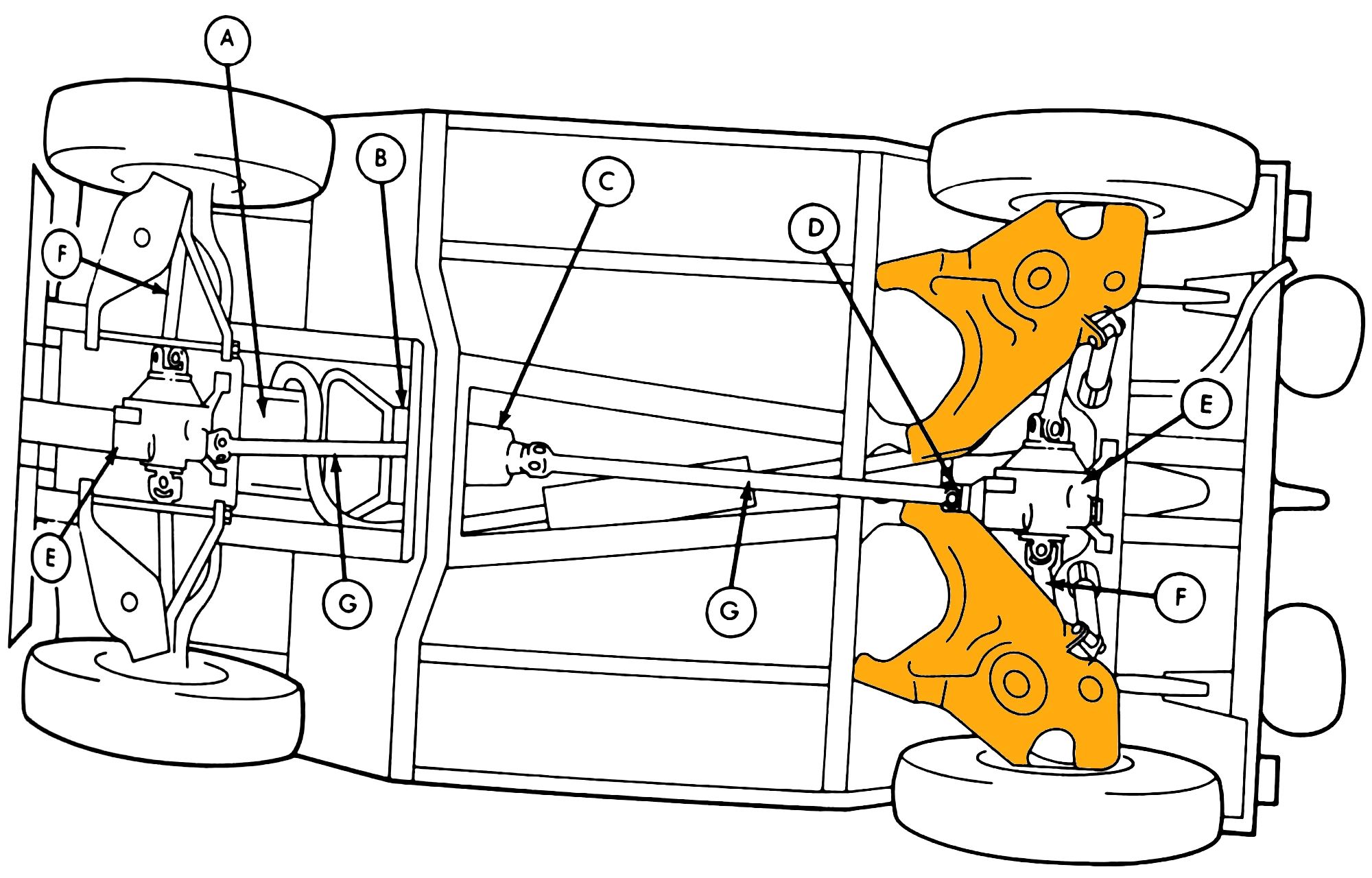 Ford M151 1/4-Ton Utility Truck: Why The Suspension Of The Military's Jeep Successor Made It Too Dangerous For Civilians 12 Plan view illustration of the chassis of the M151A2, with the rear semi-trailing arms highlighted in orange