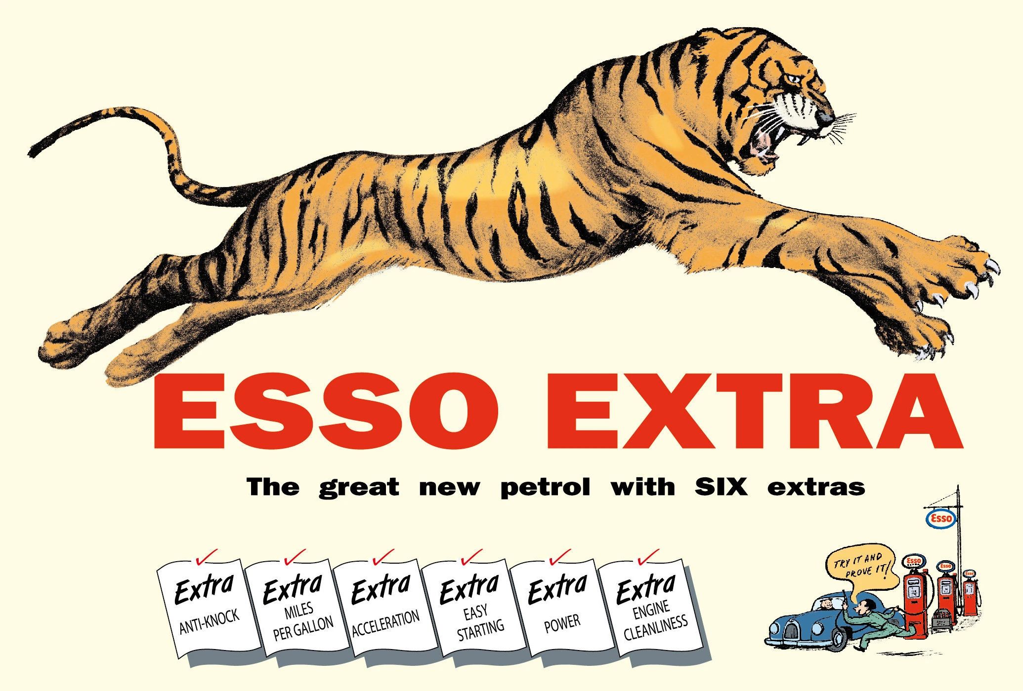 Ad showing an illustration of a leaping tiger with the headline "ESSO EXTRA: The great new petrol with SIX extras"