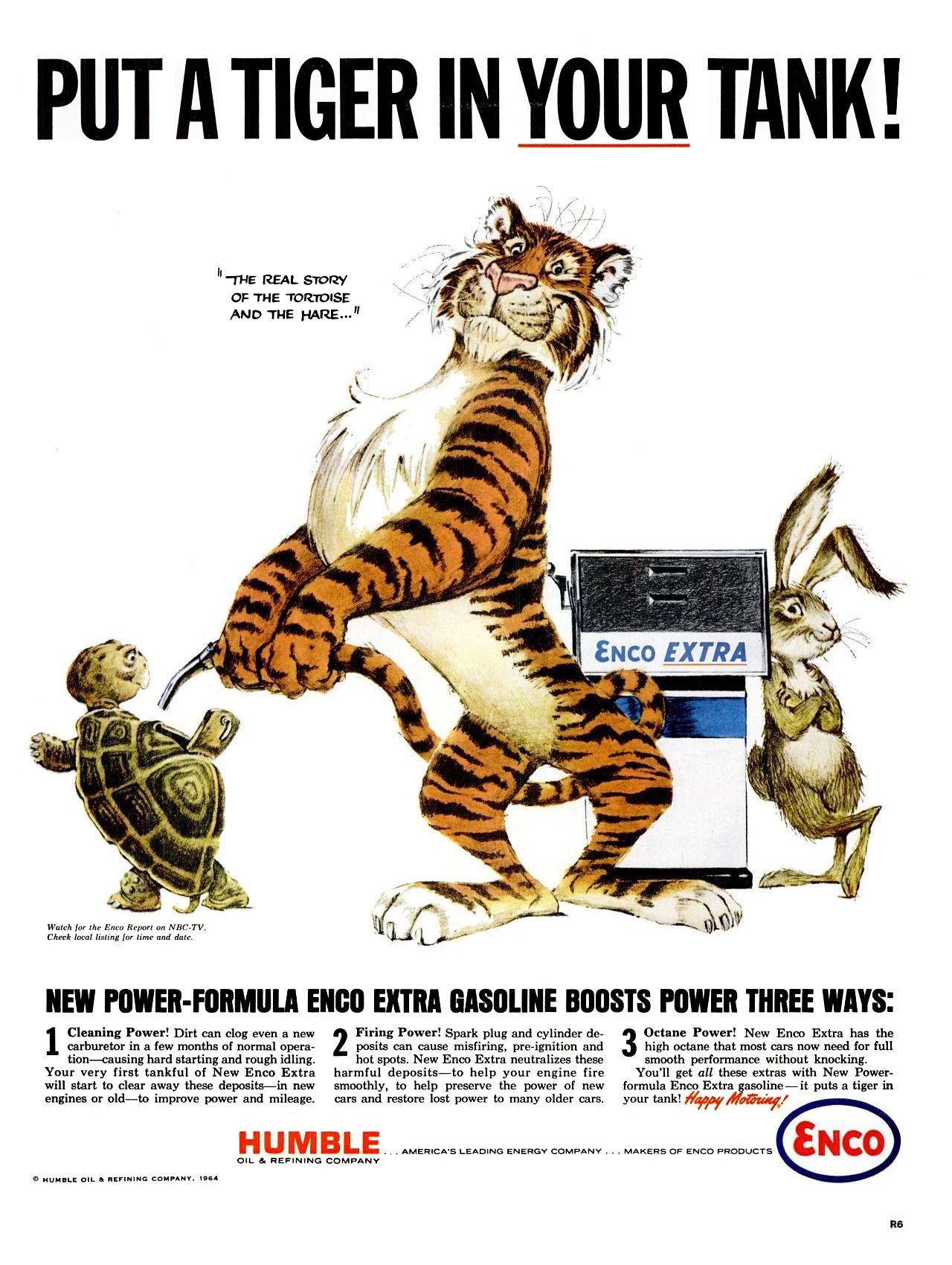 1964 Enco "Put a Tiger in Your Tank" ad showing the cartoon tiger with a cartoon tortoise and hare; the tiger is adding gas to a filler in the back of the tortoise's shell as the hare leans against an Enco Extra gas pump