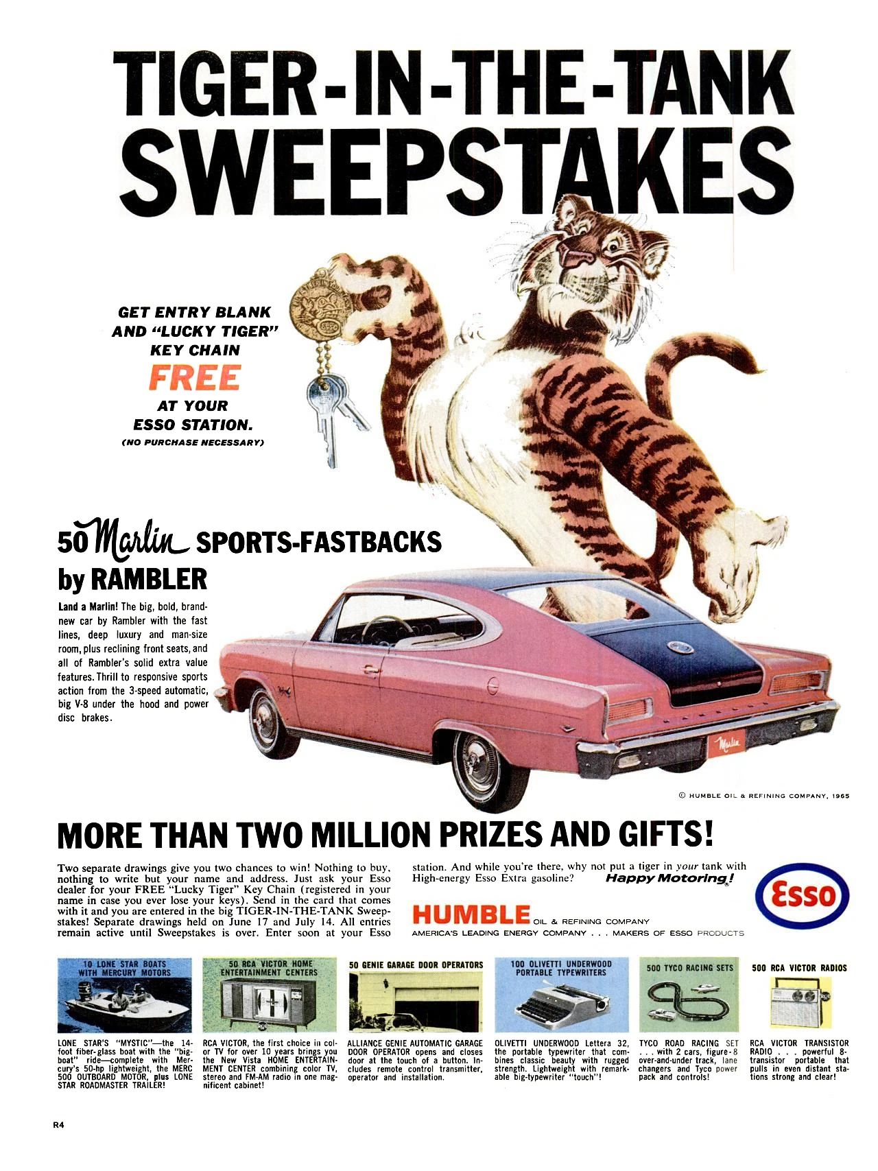 1965 Esso "Put a Tiger in Your Tank" ad showing the tiger holding up keys to a Rambler Marlin, with the headline "Tiger-in-the-Tank-Sweepstakes: 50 Marlin Sports-Fastbacks by Rambler, More Than Two Million Prizes and Gifts!"