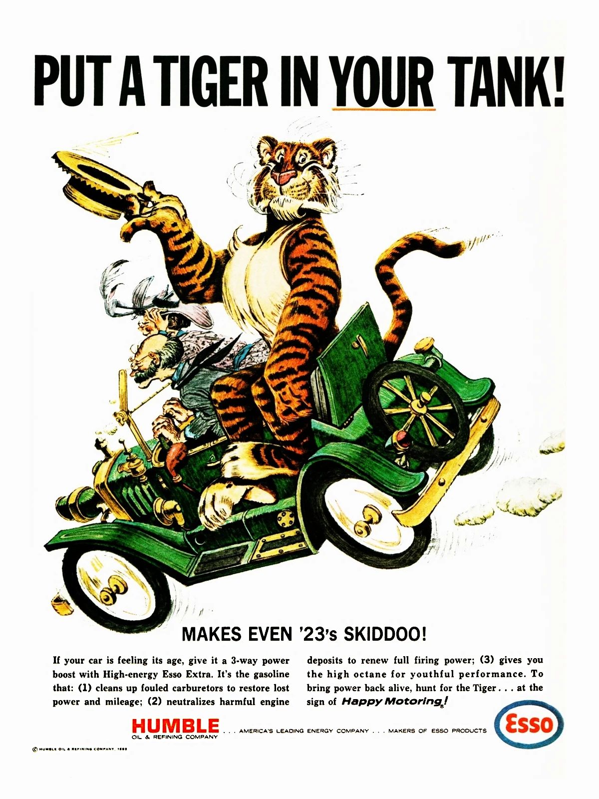 1965 Esso "Put a Tiger in Your Tank" ad showing the cartoon tiger riding in a very old car driven by an old man, with the headline, "Makes Even '23's Skiddoo!"