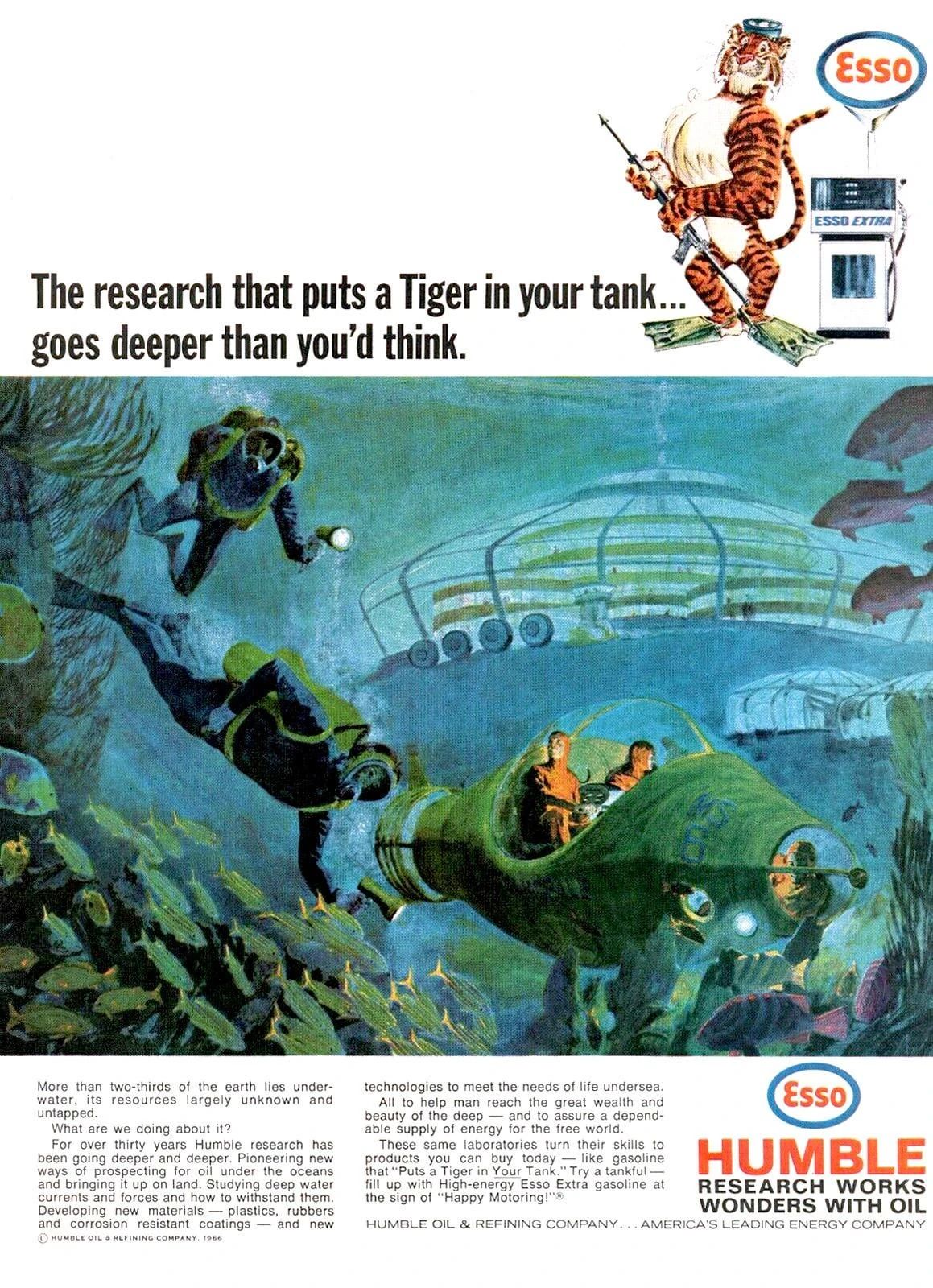 1966 Esso tiger ad showing the tiger in a snorkel mask and swim fins, holding a spear gun, above a painting of frogmen and sailors in a submarine exploring underwater, with the headline, "The research that puts a Tiger in your tank... goes deeper than you'd think."