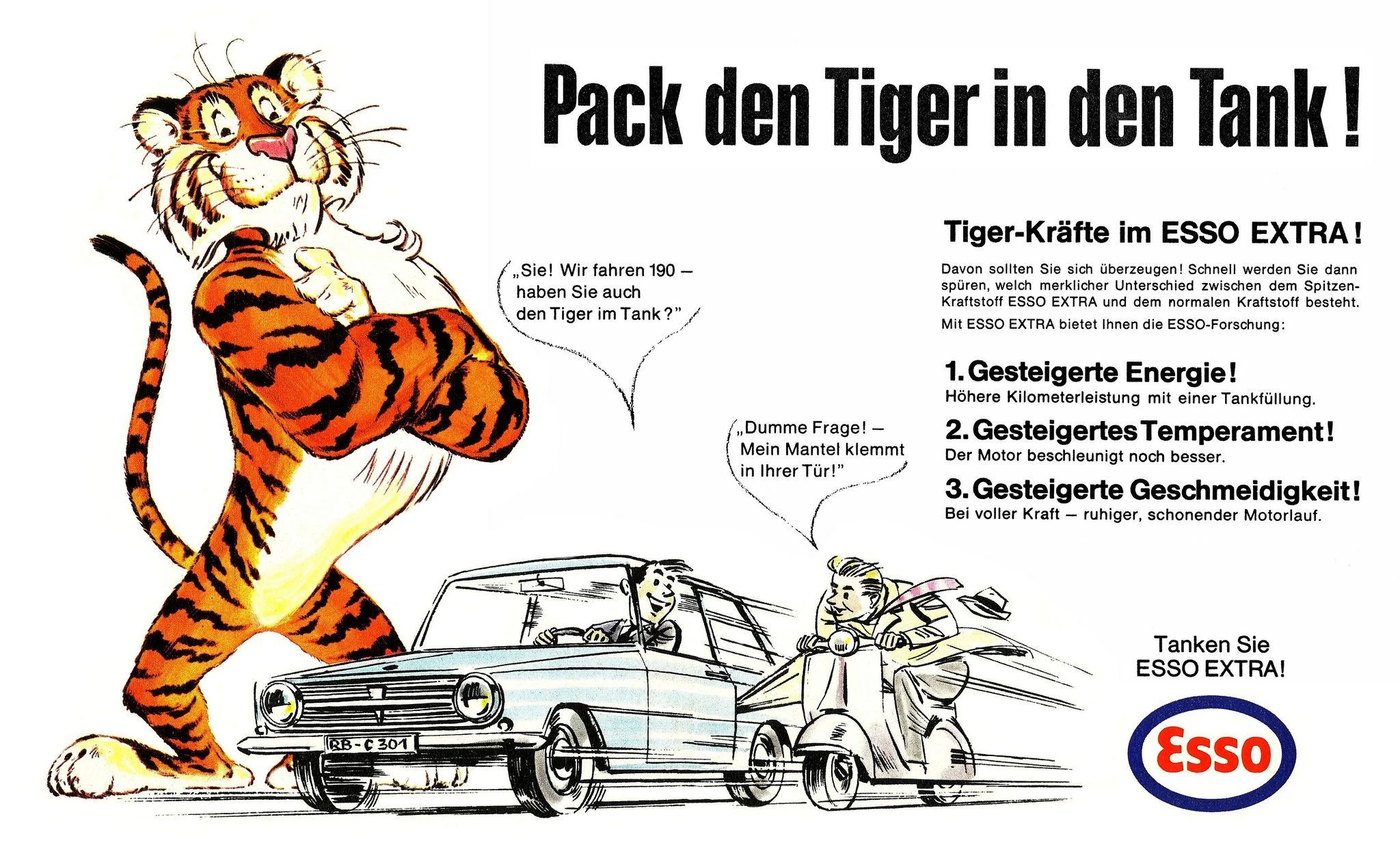 1966 German Esso ad showing a car speeding along the road next to a man on a scooter as the giant cartoon tiger looks on, with the headline, "Pack den Tiger in den Tank!"