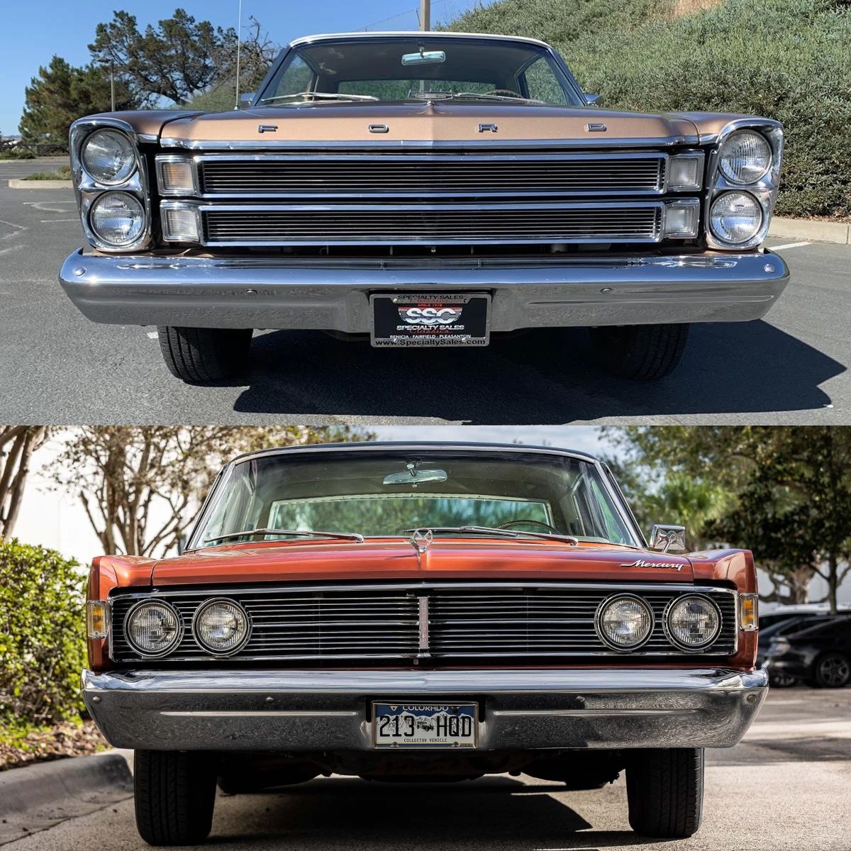 1966 Mercury Park Lane Vs. Ford LTD: Did The LTD Make Ford's Mid-Priced Mercury Obsolete? 1 Composite photo of front views a 1966 Ford LTD and a 1966 Mercury Park Lane