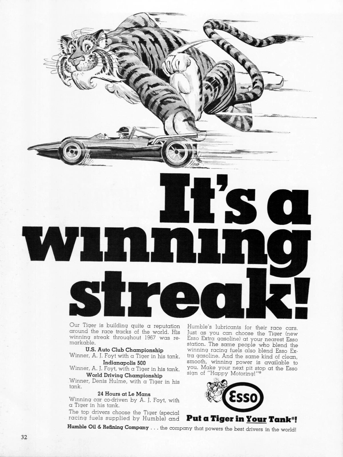 1967 Esso ad showing the giant cartoon tiger pushing a race car, with the headline 'It's a winning streak!" and copy lauding the victories of A.J. Foyt in the USAC championship and Indianapolis 500, Denis Hulme in the World Driving Championship, and A.J. Foyt in the 24 Hours at Le Mans