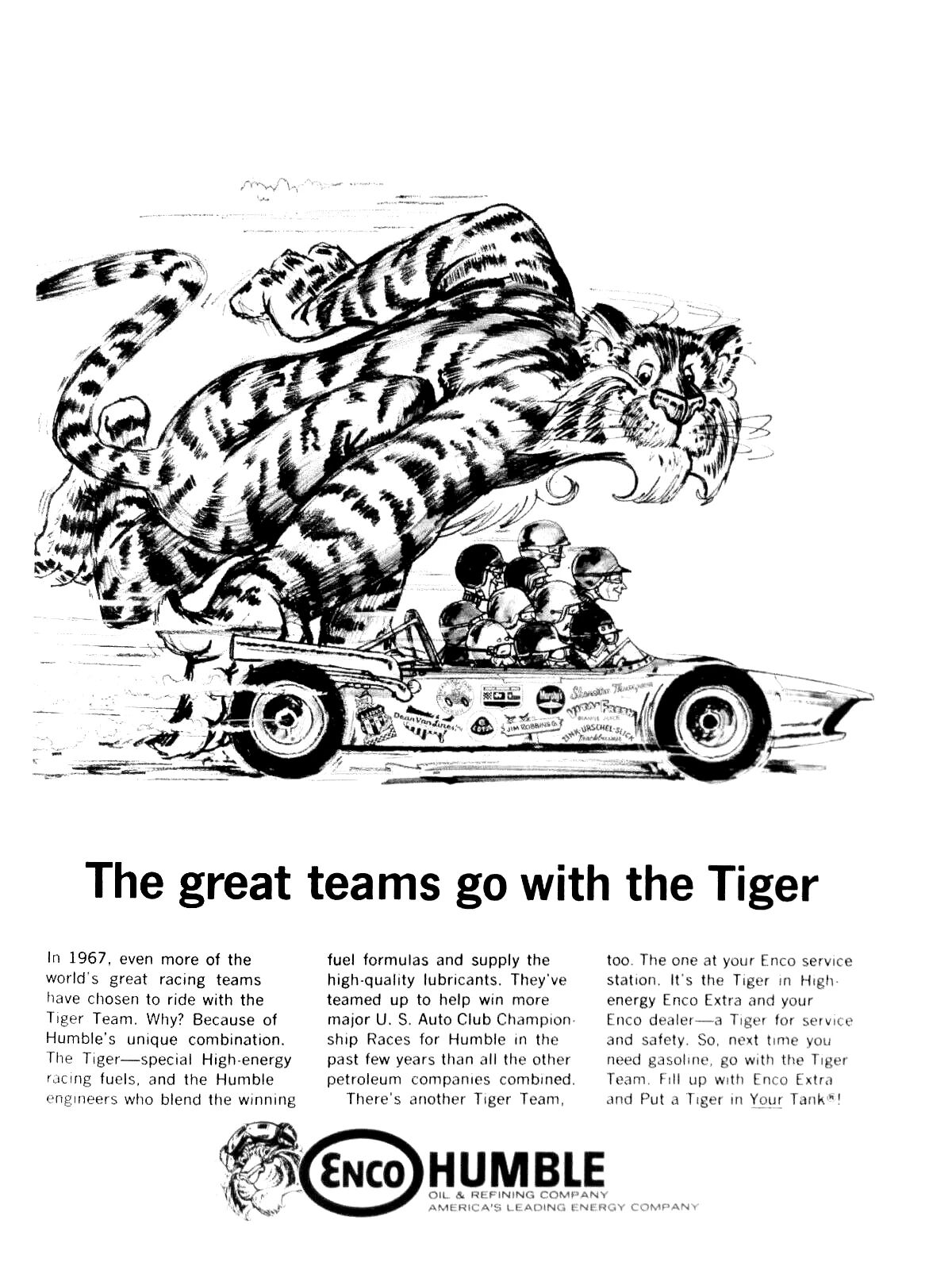 1967 Esso ad showing the giant cartoon tiger pushing a race car, with the headline "The great teams go with the Tiger"