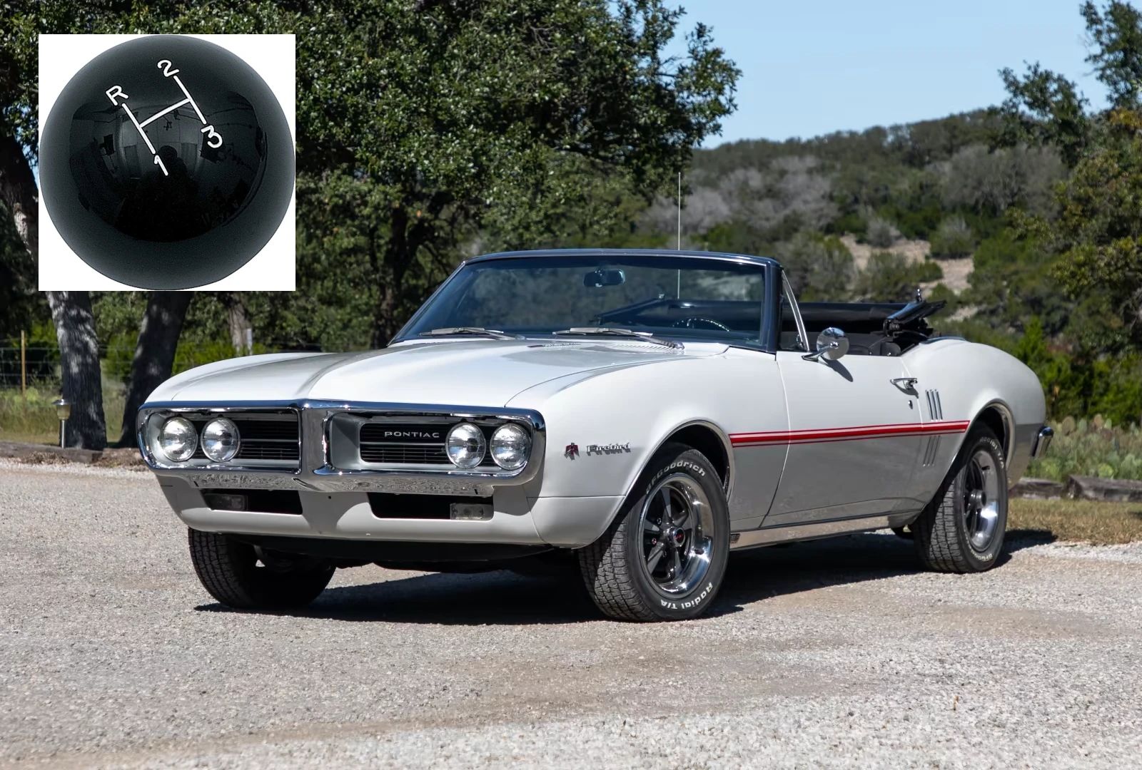 Left front 3q view of a Cameo Ivory 1967 Pontiac Firebird Sprint convertible with Regimental Red side stripes, with an inset image showing the black shift ball of a 3-speed manual transmission