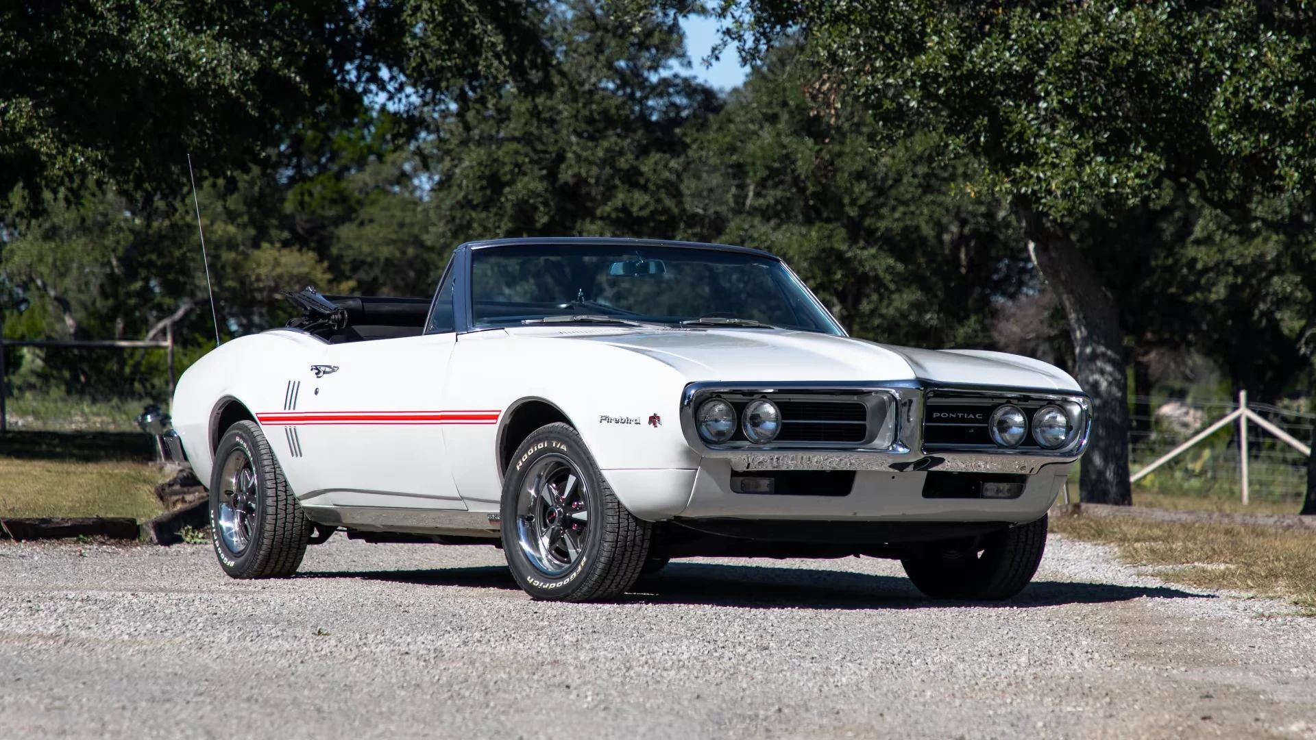 Right front view of a white 1967 Firebird convertible