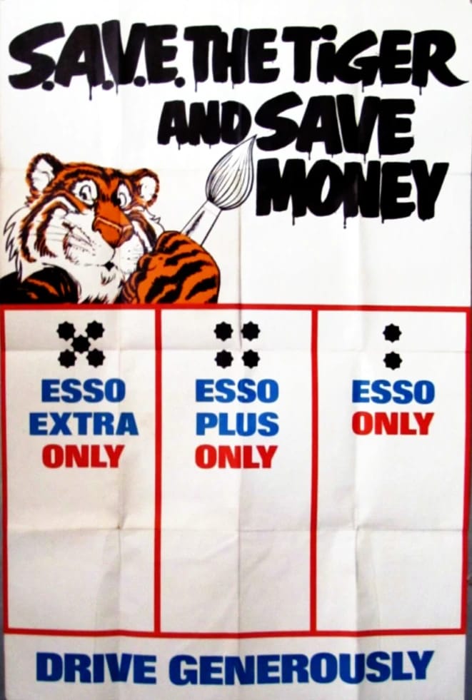 1968 UK ad showing the Esso tiger with a paint brush and the headline "S.A.V.E. the Tiger and Save Money: Drive Generously"