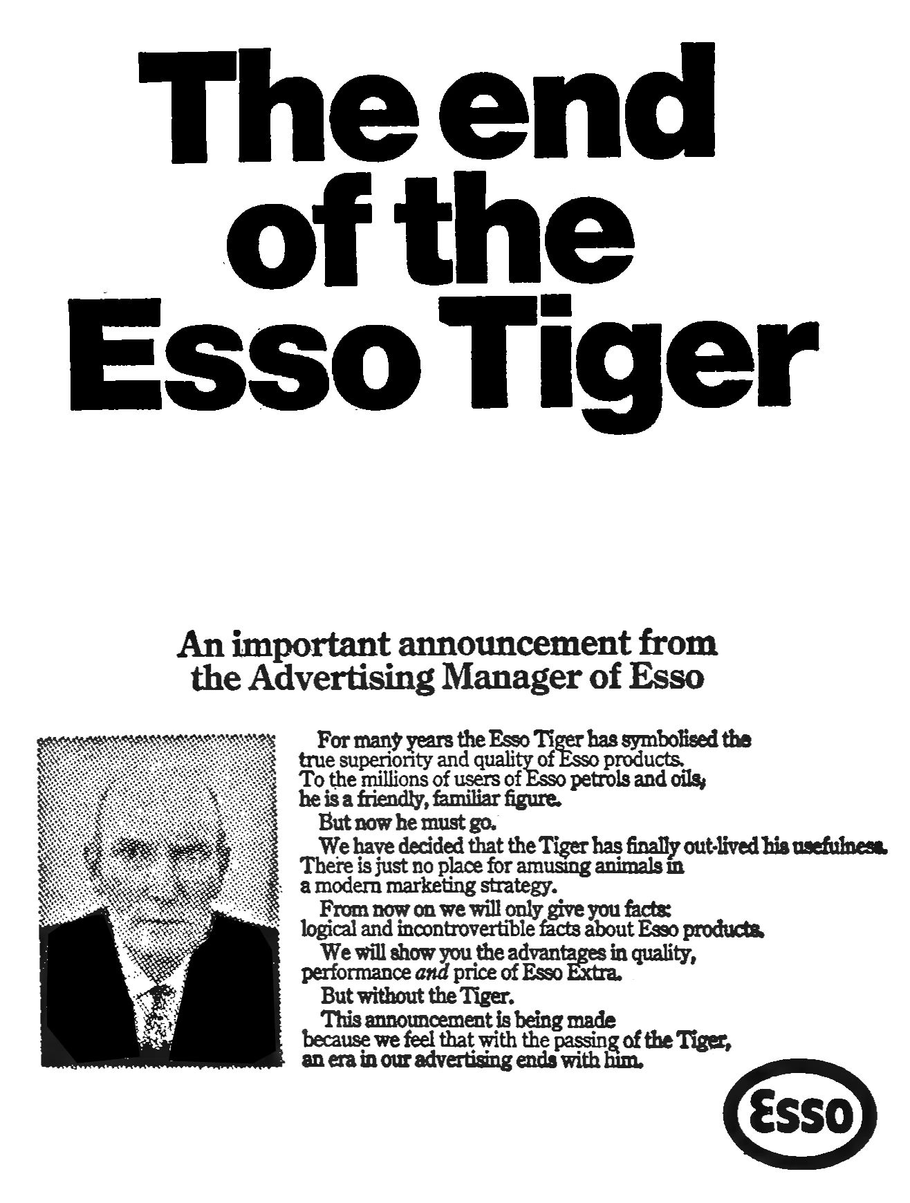 1968 Esso UK ad with the headline "The end of the Esso Tiger"
