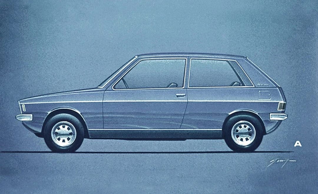 Early Italdesign-Giugiaro rendering of the Golf, a blue three-door hatchback against a blue background