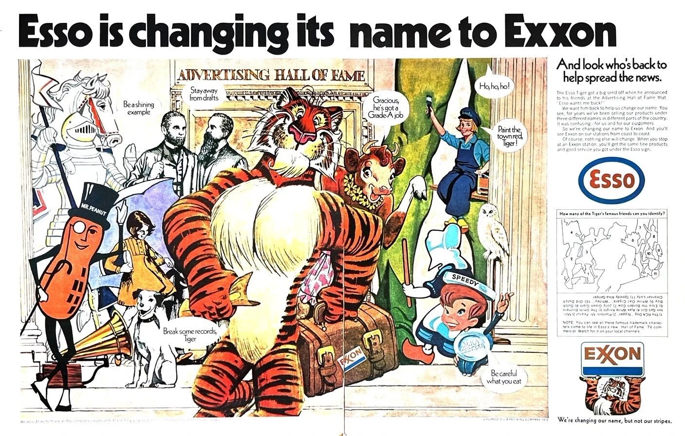 1972 Esso ad with the headline "Esso is changing its name to Exxon, and look who's back to help spread the news," showing the Esso tiger holding a suitcase with the Esso logo as an assortment of other brand mascots cheer him on
