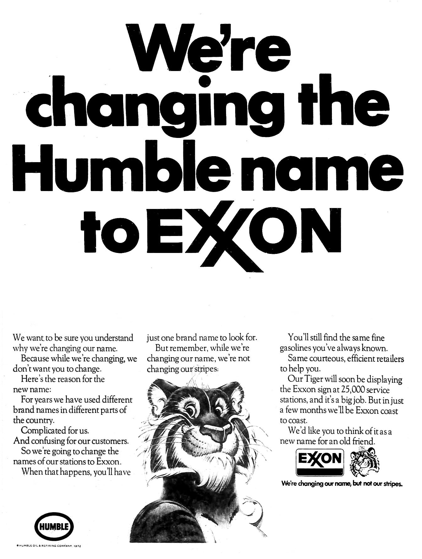 1972 ad showing the smiling face of the Esso Tiger with the headline "We're changing the Humble name to EXXON"