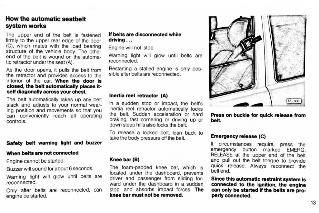 Volkswagen Automatic Seatbelt System: VW First Offered These Door-Mounted Passive Restraints Back In 1975 8 1979 Volkswagen Rabbit owner's manual page describing the automatic seatbelt system