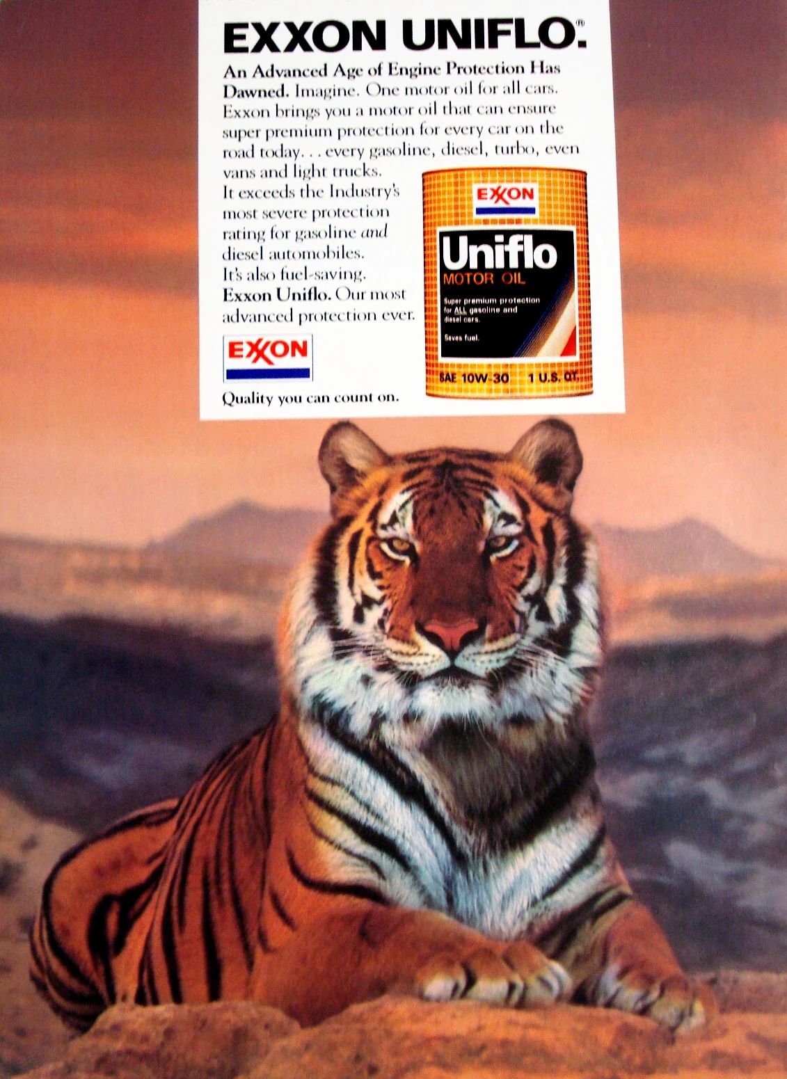 1985 Exxon Uniflo ad showing a serene-looking tiger in a mountain setting