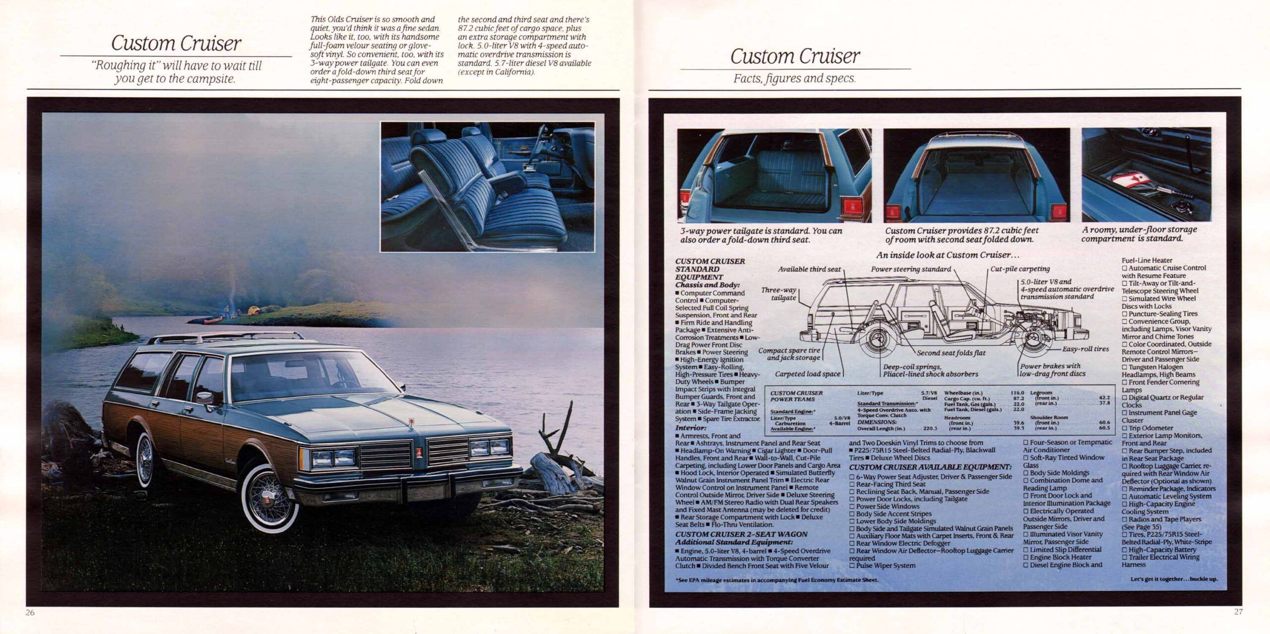 1985 Oldsmobile Custom Cruiser brochure pages as sourced from www.oldcarbrochures.org.