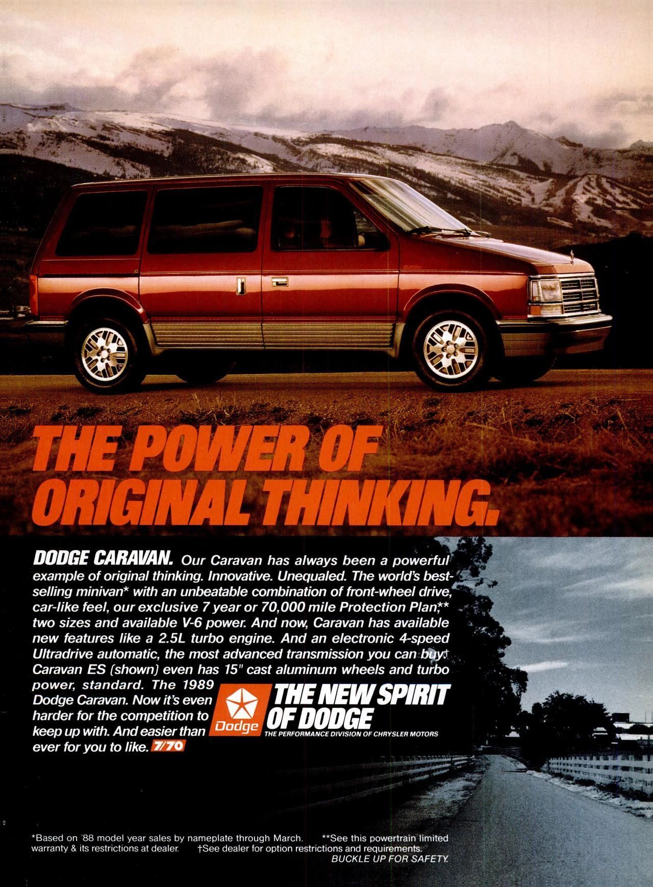 1989 Dodge Caravan Turbo and 1990 Plymouth Voyager Turbo: Rare Turbocharged Four-Cylinder Chrysler Minivans 14 Dodge Caravan ad with the headline "The Power of Original Thinking"