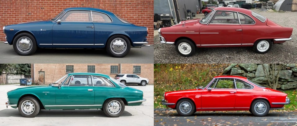 Image of four Bertone coupes from the 1960s, including two Alfa Romeos, an NSU Sport Prinz, and a Simca 1000 Coupe