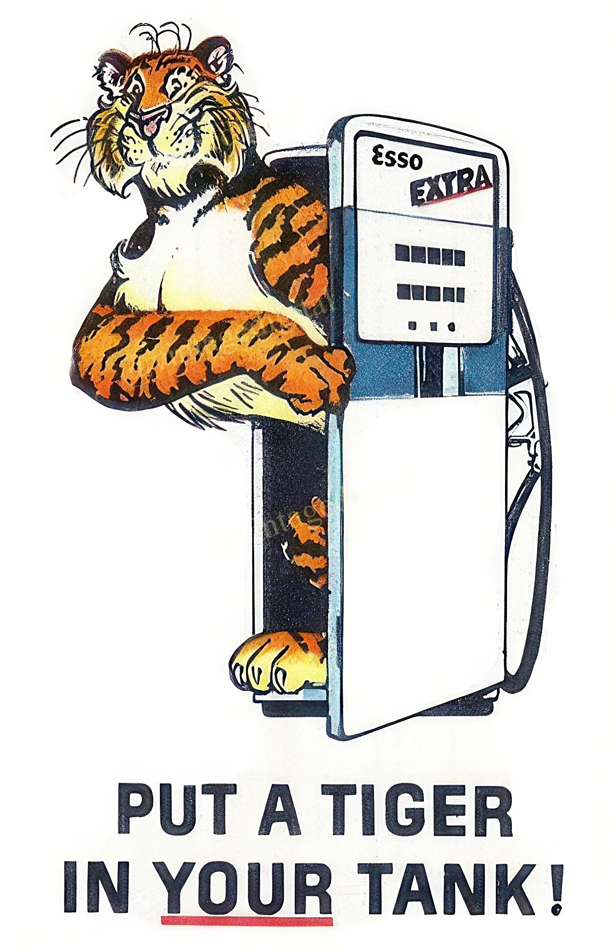 1960s Esso sign showing the cartoon tiger climbing out of a gas pump with the headline "Put a Tiger in Your Tank!"