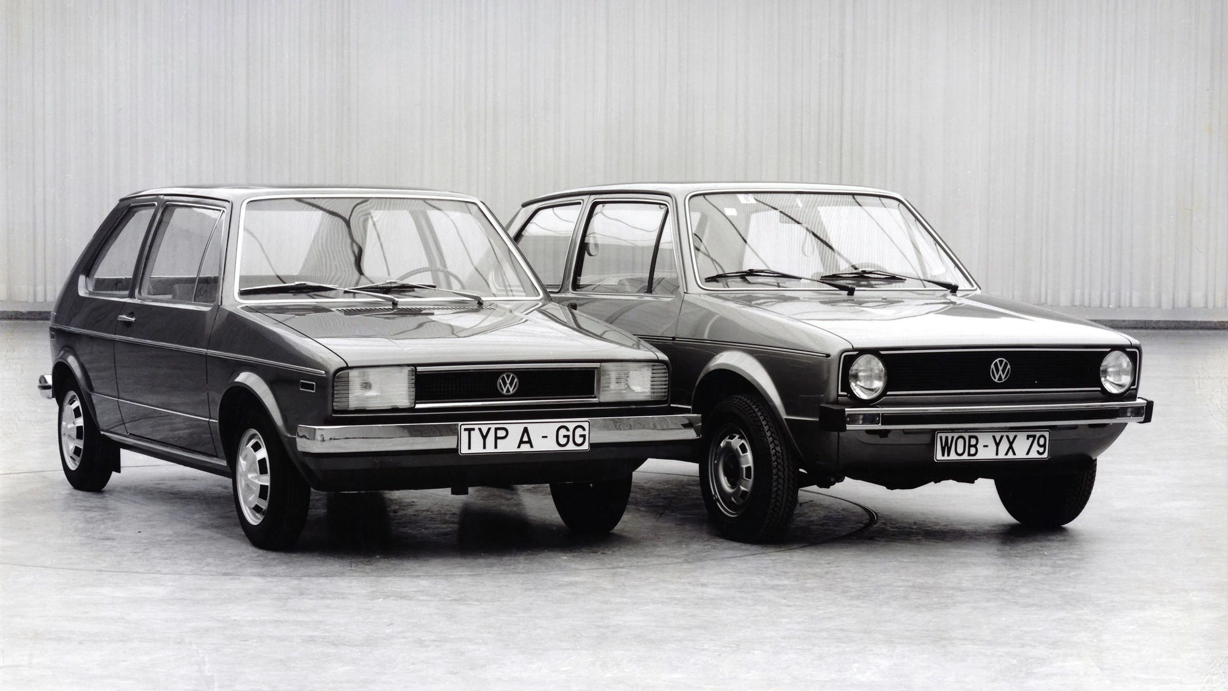 Right front 3q view of the "TYP A - GG" Italdesign-Giugiaro Golf prototype next to a full-size model of the production 1974 VW Golf