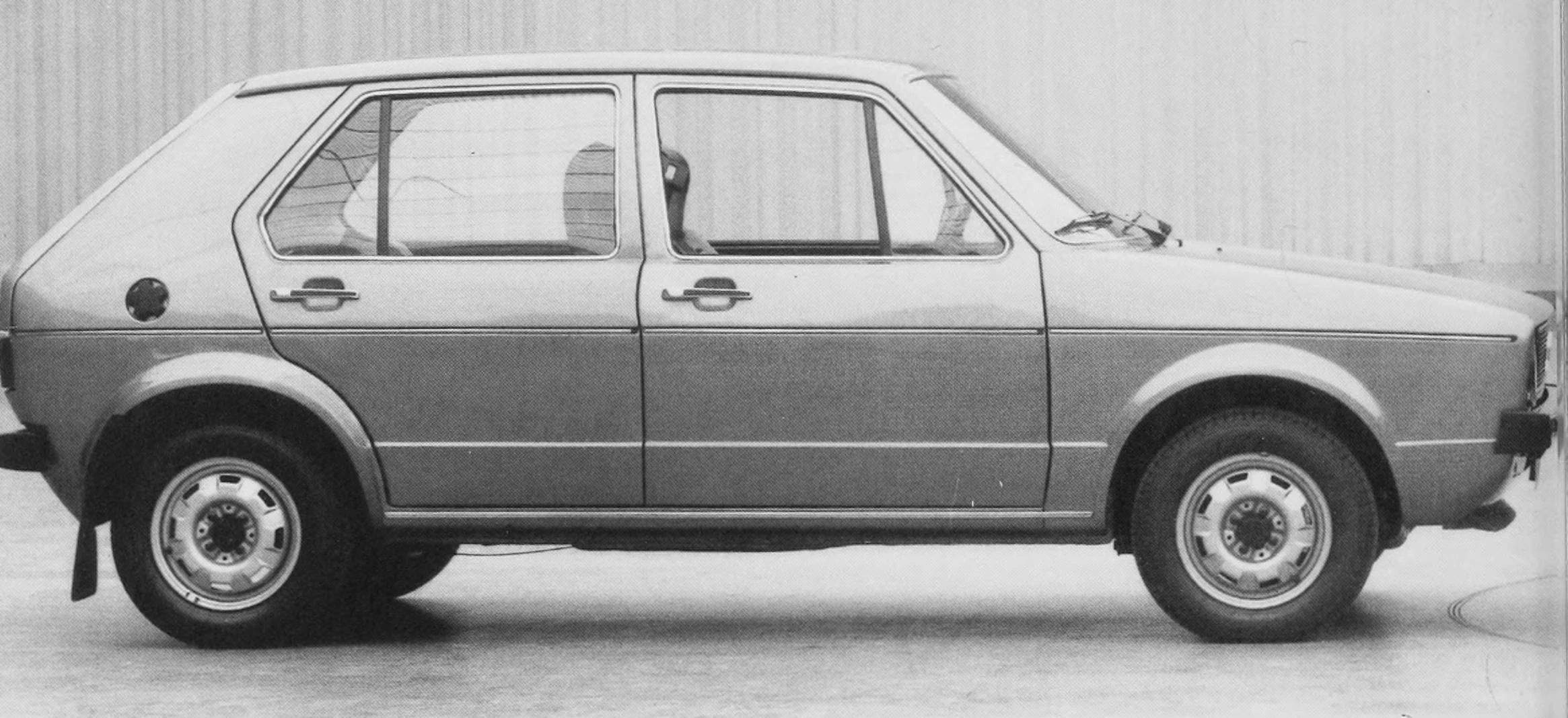 B&W photo of a full-size model of the 1974 VW Golf five-door hatchback