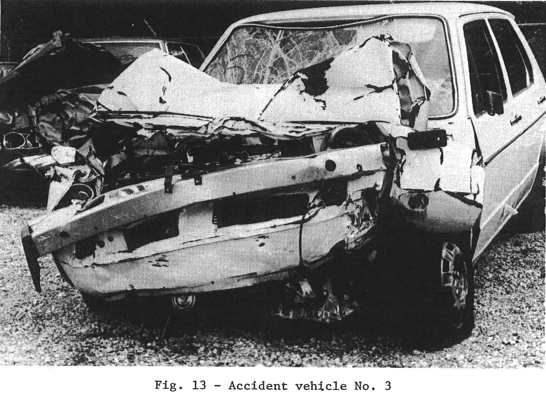 Volkswagen Automatic Seatbelt System: VW First Offered These Door-Mounted Passive Restraints Back In 1975 13 B&W photo of a wrecked 1970s VW Rabbit with the caption "Fig. 13 - Accident Vehicle No. 3"