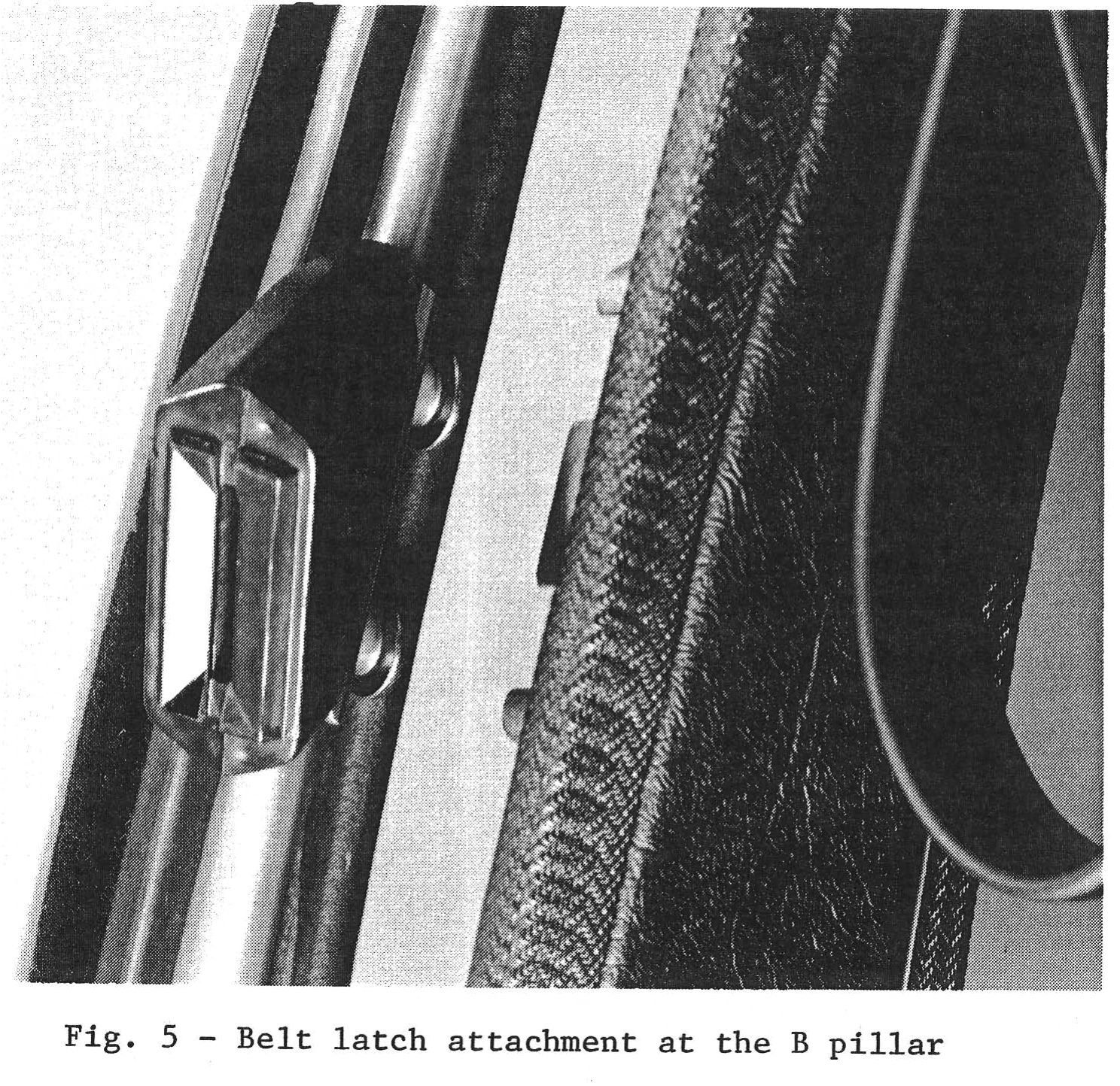 Volkswagen Automatic Seatbelt System: VW First Offered These Door-Mounted Passive Restraints Back In 1975 7 B&W photo showing a closeup of the VW automatic belt door attachment, labeled "Fig. 5 - Belt latch attachment at the B pillar"
