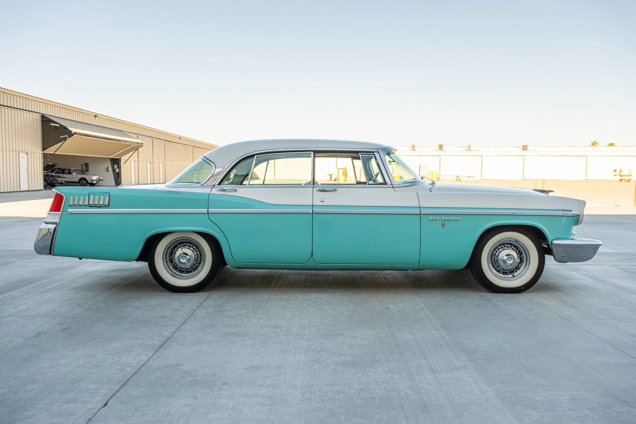 Right side view of a two-tone 1956 Chrysler four-door hardtop