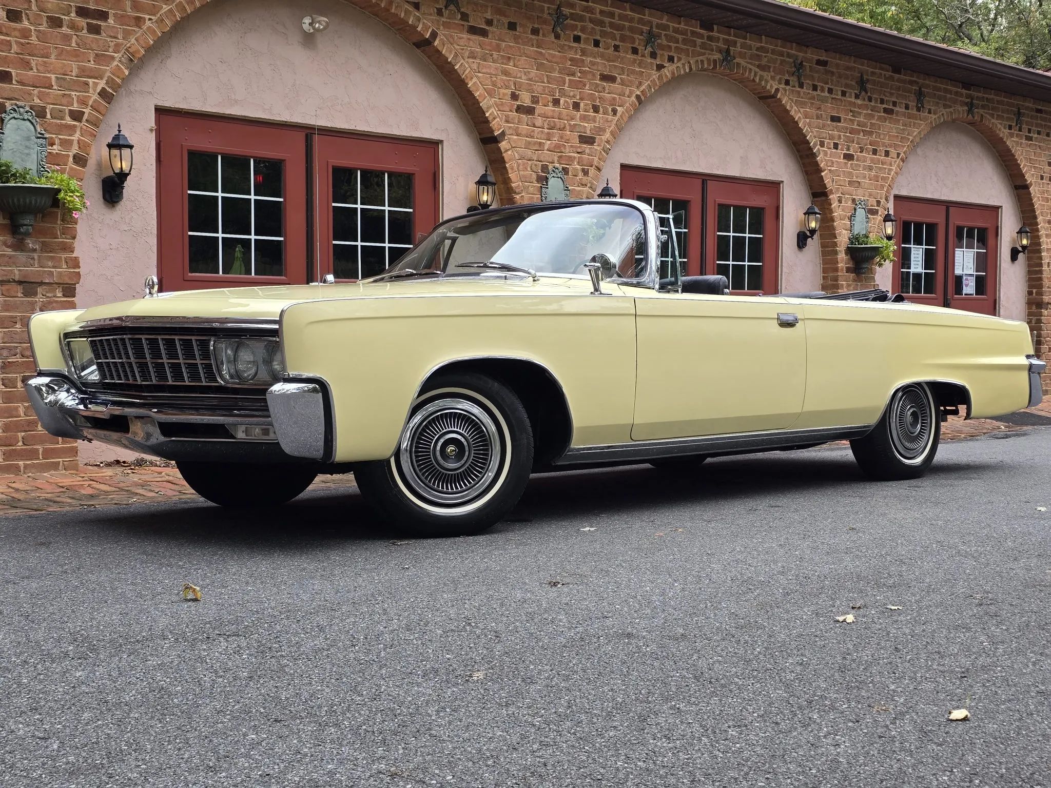Image of yellow 1966 Imperial Crown Convertible from front driver's three-quarter view