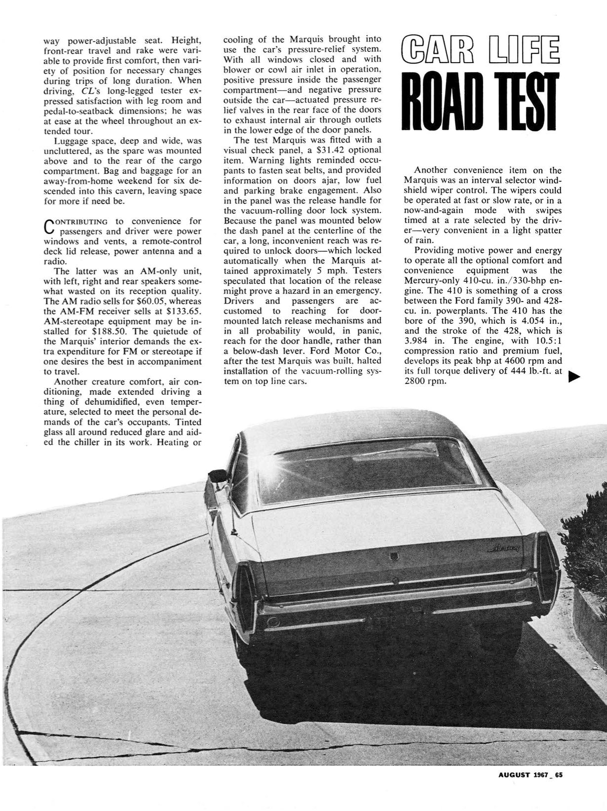 Vintage Car Life Review: 1967 Mercury Marquis — "Has The American Public Gone Soft?" 6 Car Life, August 1967, page 65, second page of Mercury Marquis road test