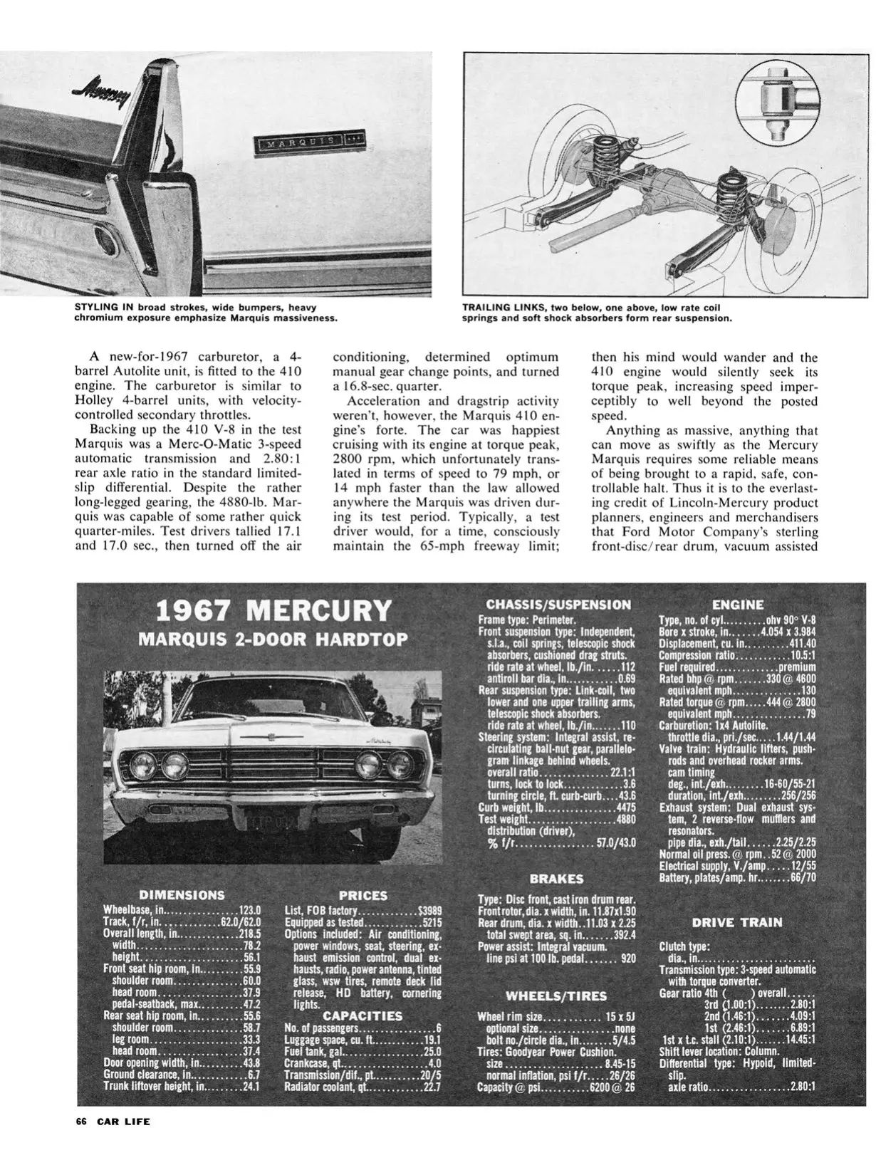 Vintage Car Life Review: 1967 Mercury Marquis — "Has The American Public Gone Soft?" 11 Car Life, August 1967, page 66, third page of Mercury Marquis road test with an inset photo of the three-link rear suspension and the first half of the data panel