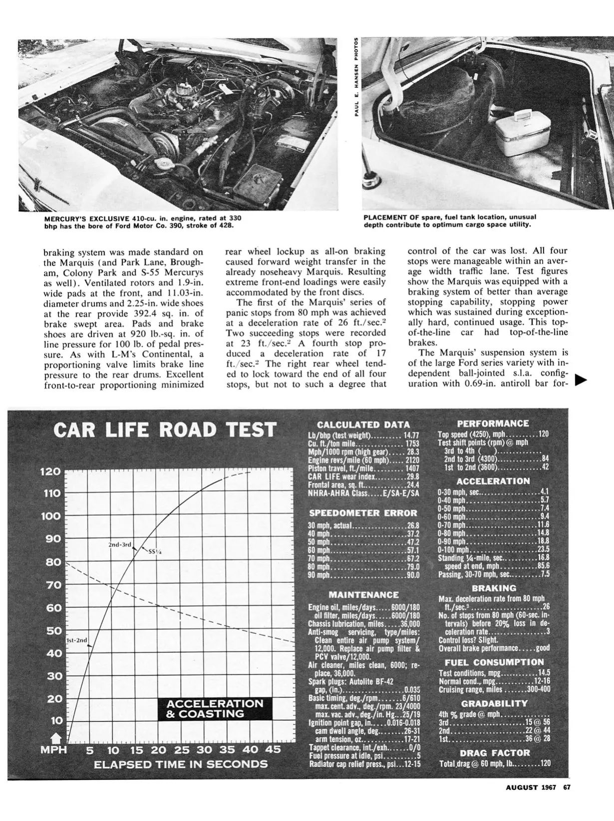 Vintage Car Life Review: 1967 Mercury Marquis — "Has The American Public Gone Soft?" 14 Car Life, August 1967, page 67, fourth page of Mercury Marquis road test, with the second half of the data panel