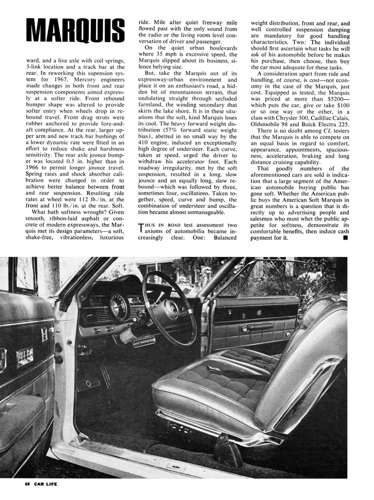Vintage Car Life Review: 1967 Mercury Marquis — "Has The American Public Gone Soft?" 16 Car Life, August 1967, page 68, final page of Mercury Marquis road test