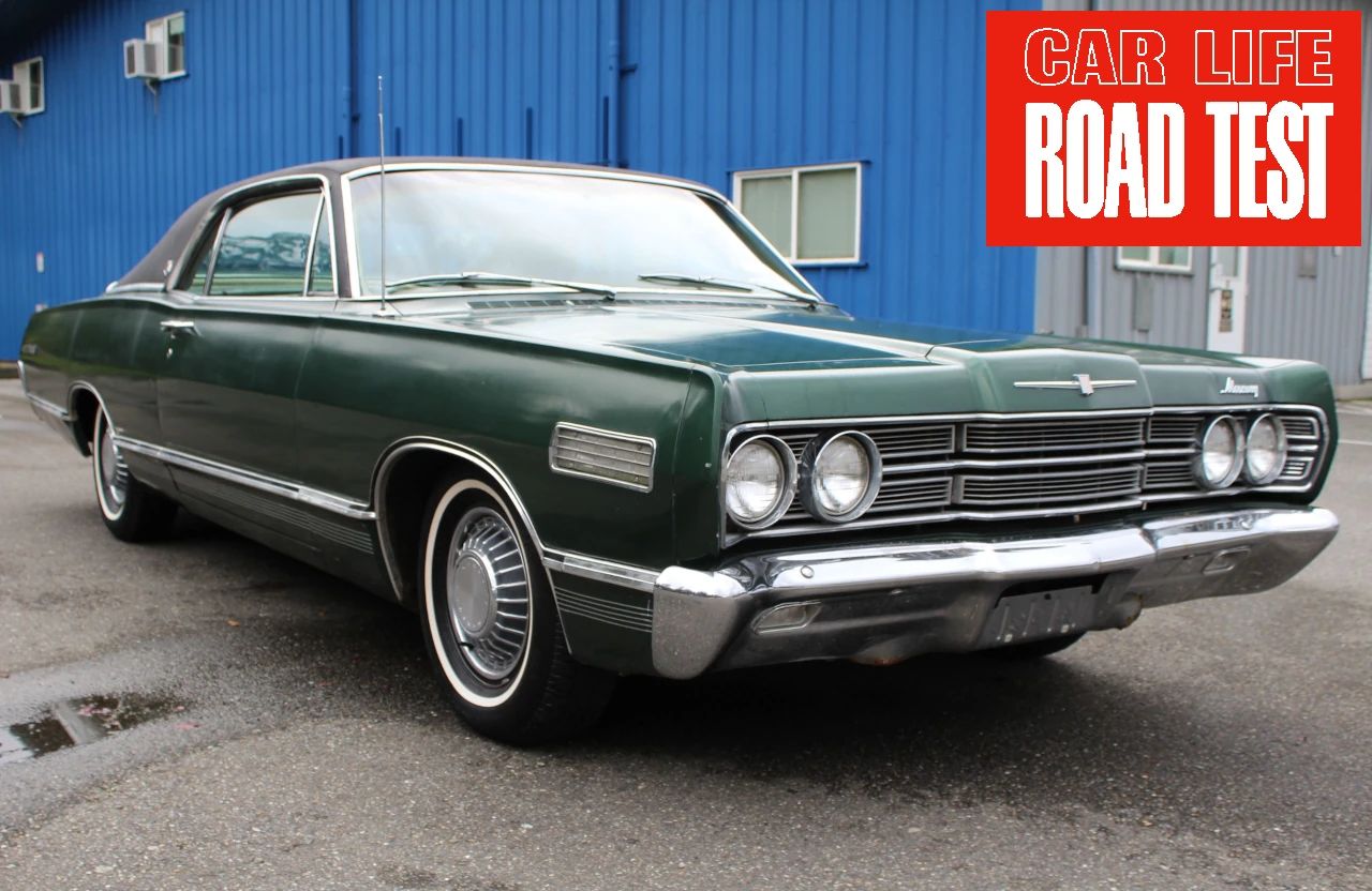 Vintage Car Life Review: 1967 Mercury Marquis — "Has The American Public Gone Soft?" 1 Right front 3q view of an Inverness Green 1967 Mercury Marquis two-door hardtop with an overlaid banner reading "Car Life Road Test"