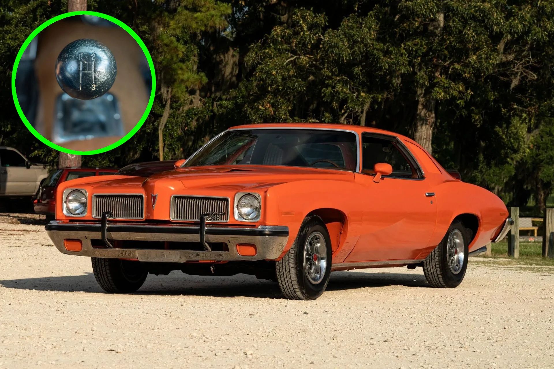 1973 Pontiac LeMans Sport Coupe: The Poor Man's GTO, With A 3-Speed Manual Transmission 1 Left front 3q view of an orange 1973 Pontiac LeMans Sport Coupe with an inset image of its 3-speed shifter in a green circle