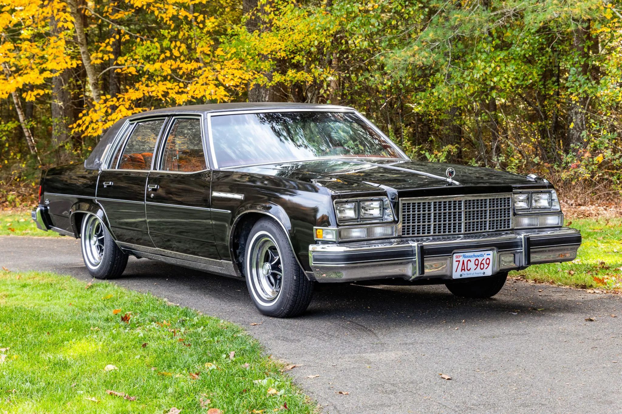 Right front 3q view of a black 1977 Buick Electra four-door