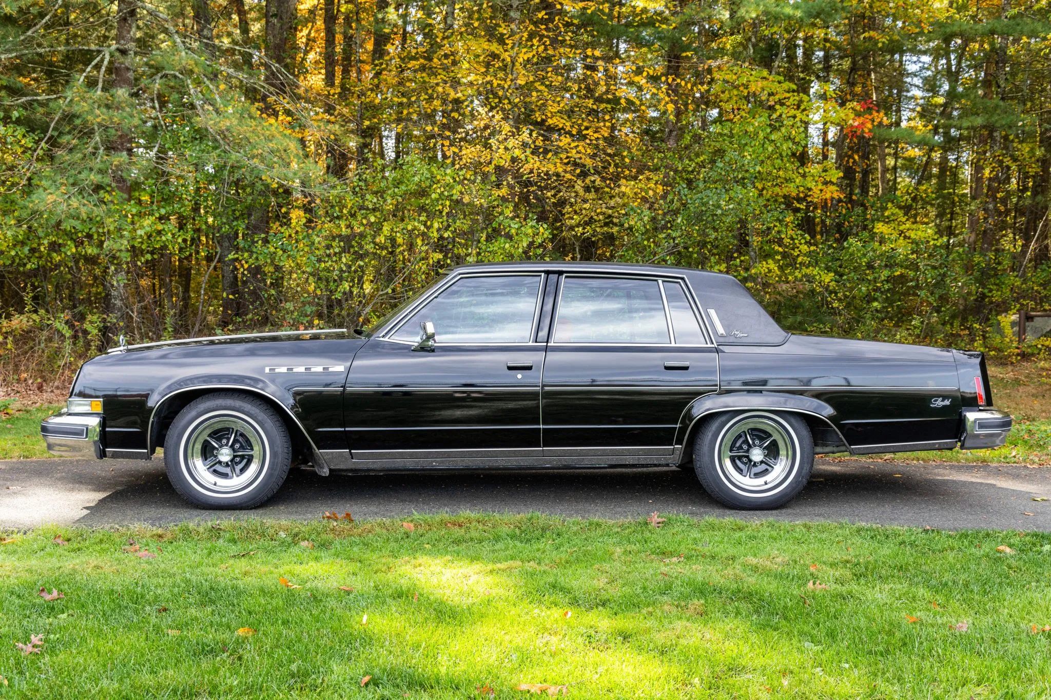 Left side view of a black 1977 Buick Electra sedan