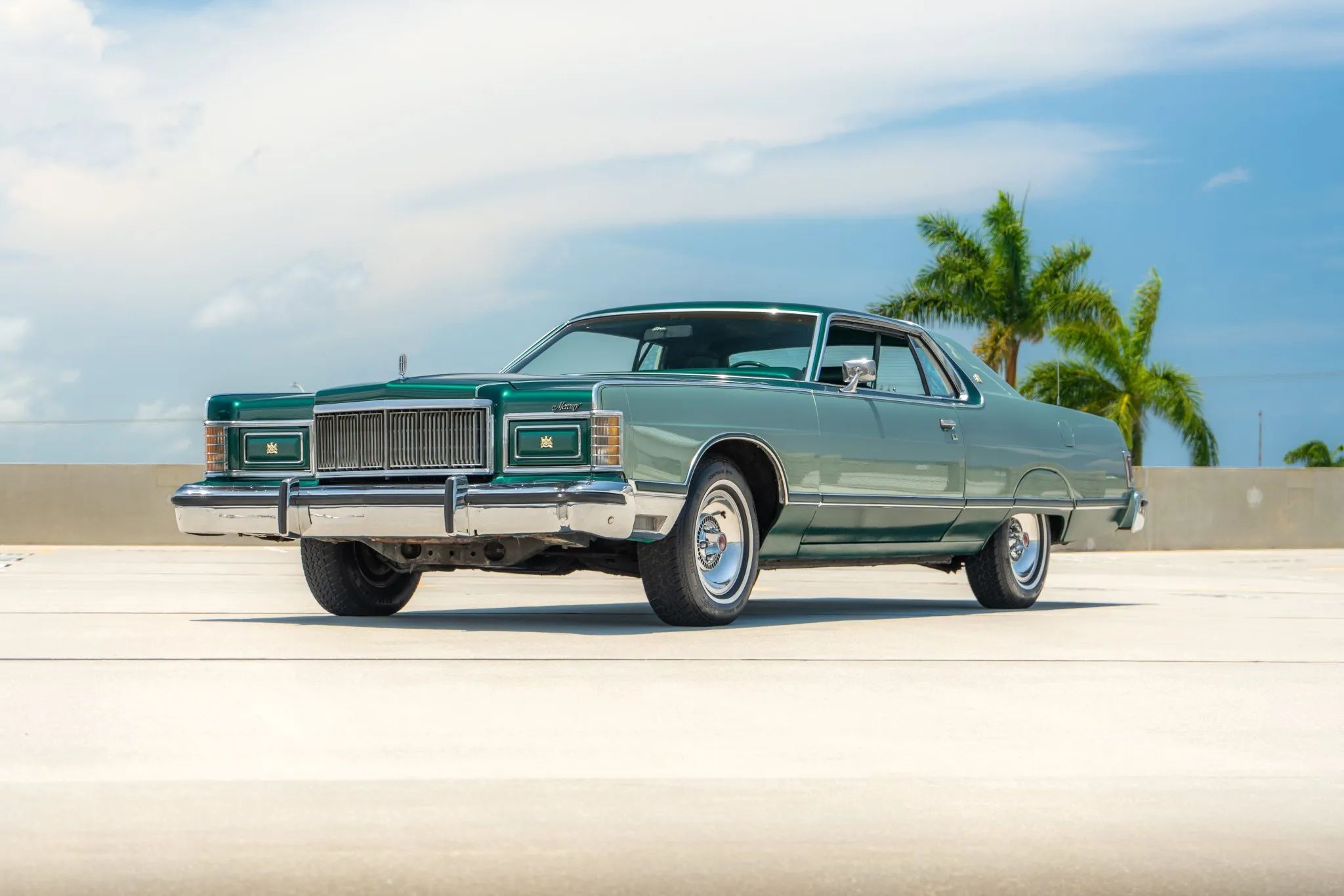 Low-angle left front 3q view of a 1977 Grand Marquis hardtop
