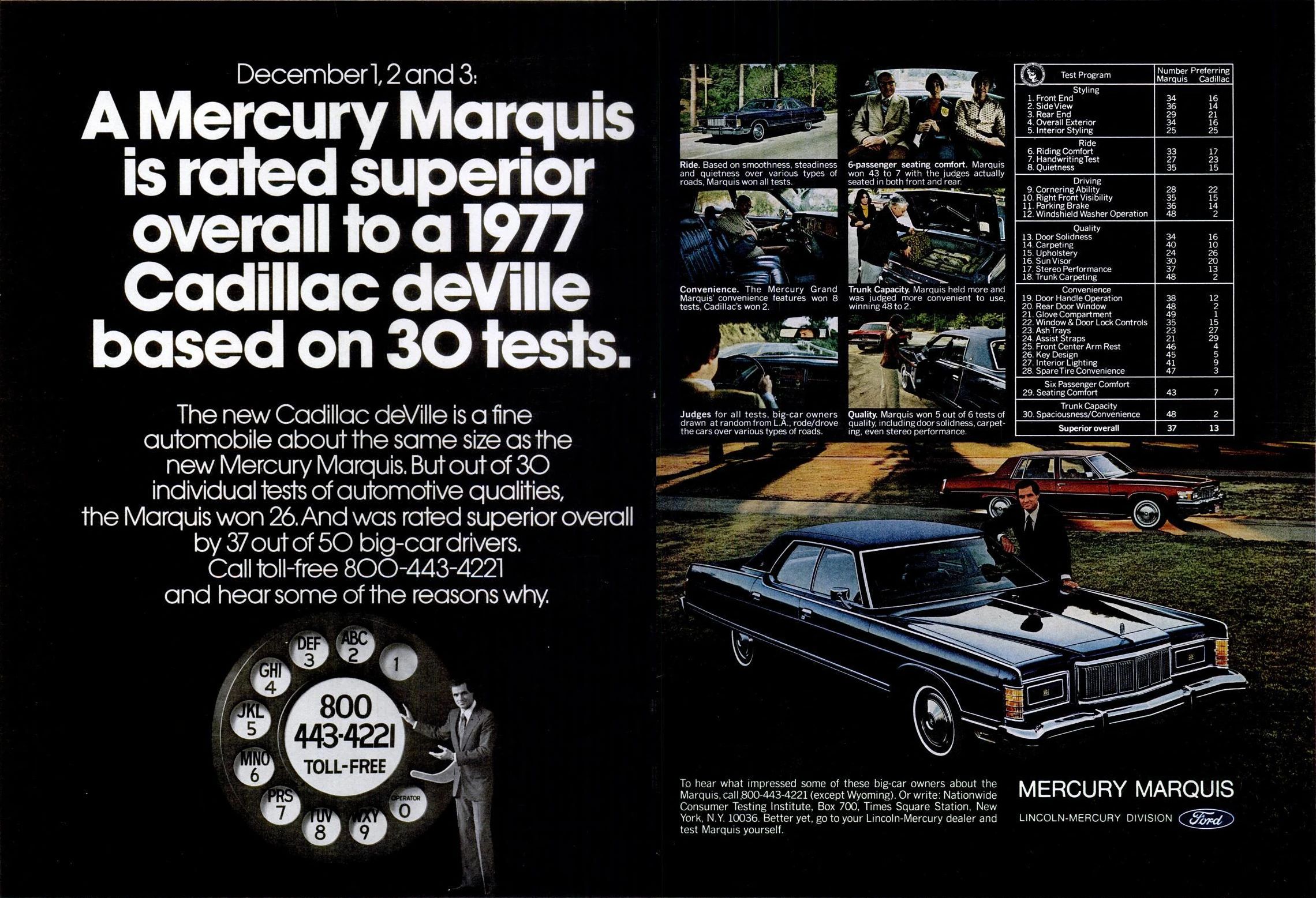 1977 Mercury Marquis ad with the headline "A Mercury Marquis is rated superior overall to a 1977 Cadillac deVille based on 30 tests."