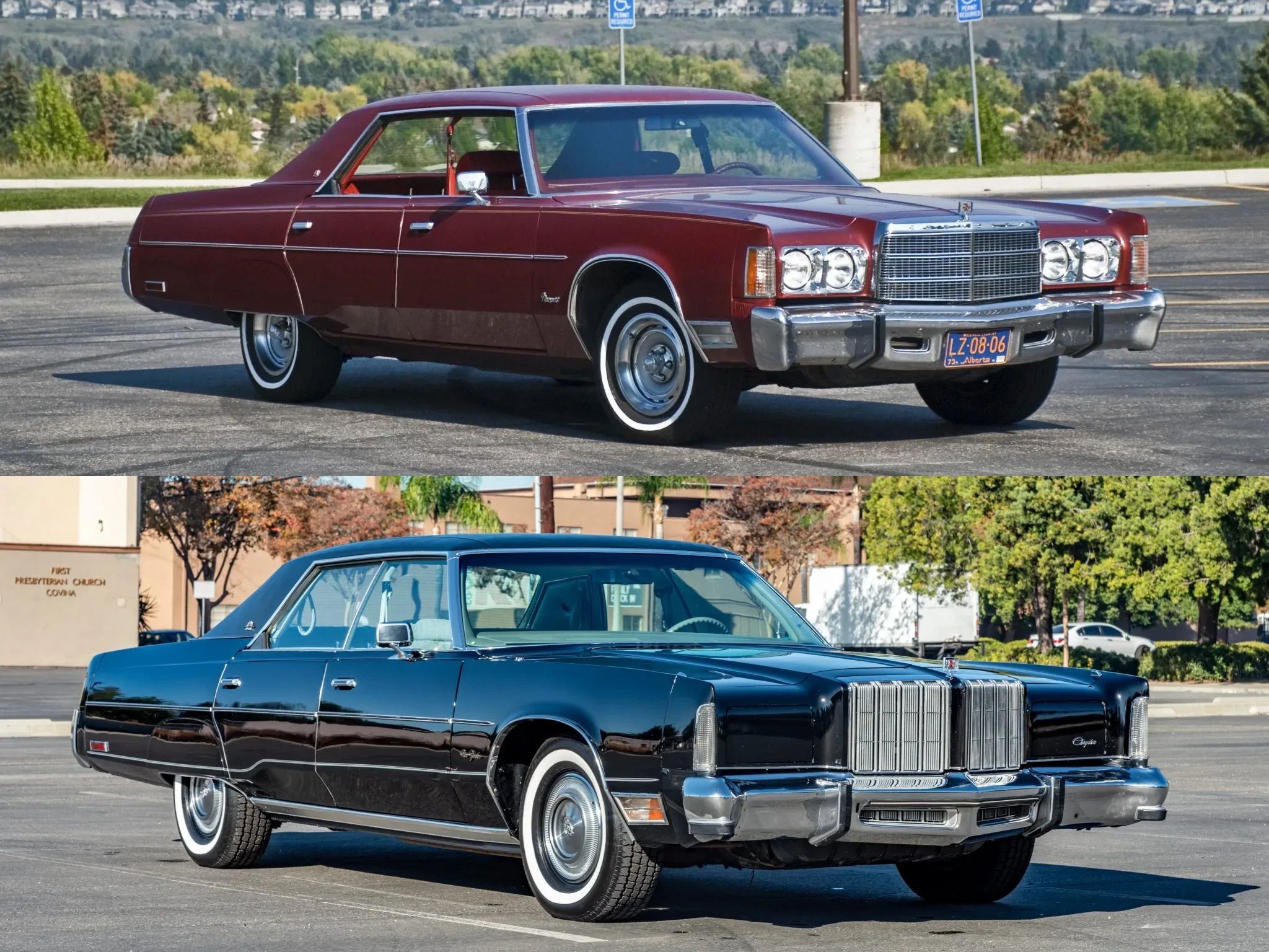 Collage of two 1978 Chrysler four-door hardtops: a Tapestry Red Sunfire Newport and a Formal Black New Yorker Brougham