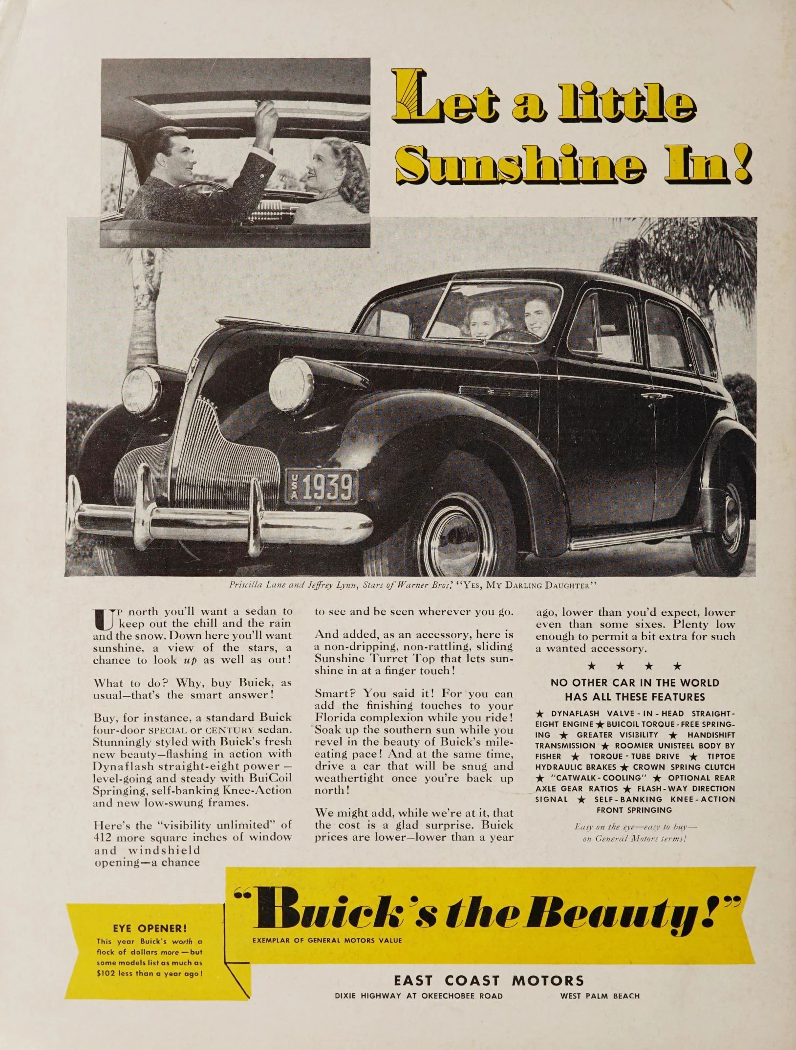Magazine ad for the 1939 Buick showing Priscilla Lane and Jeffrey Lynn behind the wheel and operating the Sunshine Turret Top roof, with the headline, "Let a little Sunshine In!"