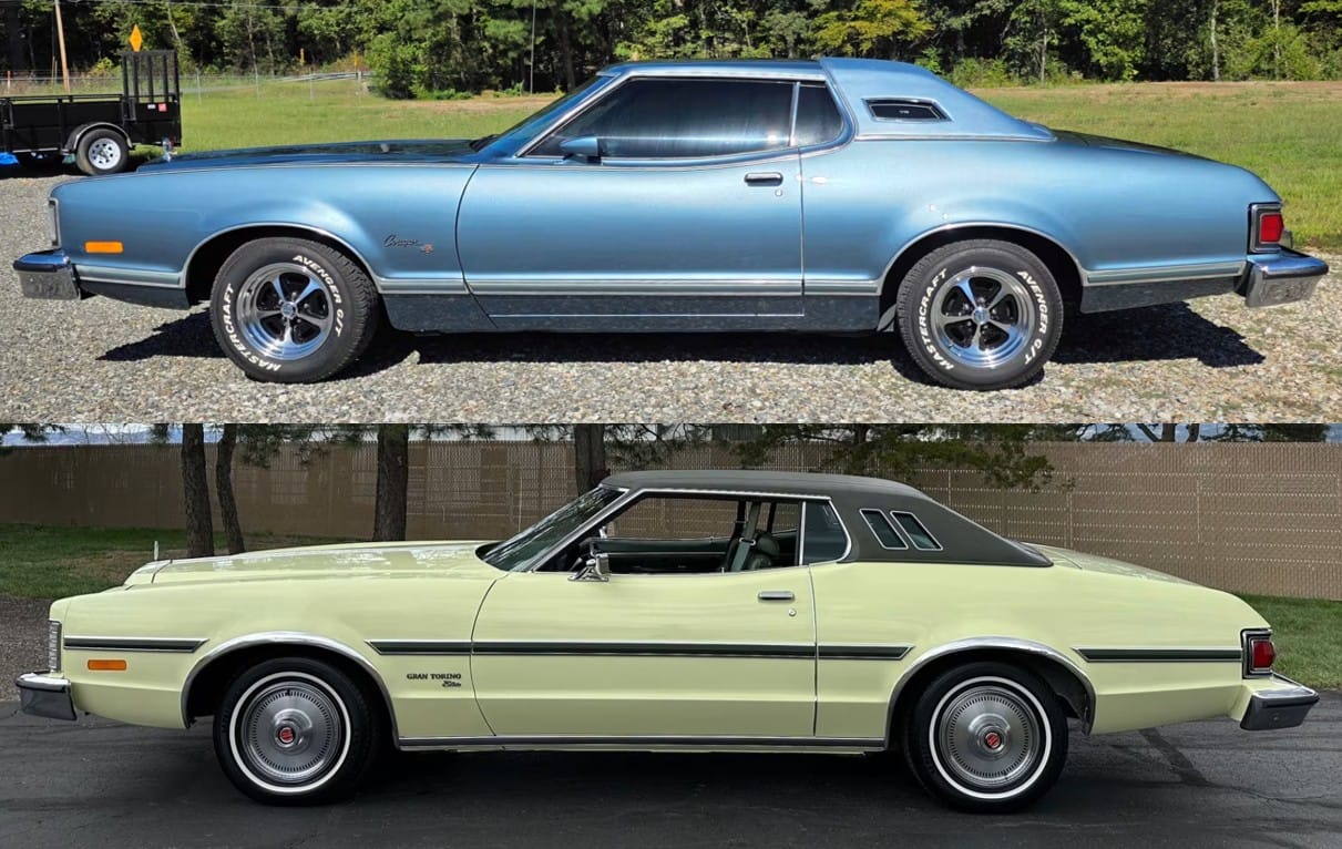 Ford's Gran Torino Elite and Mercury's Cougar XR-7: Ford Undercuts Mercury Again For 1974 1 Comparison image of green Ford Gran Torino Elite and blue Mercury Cougar XR-7 in profile