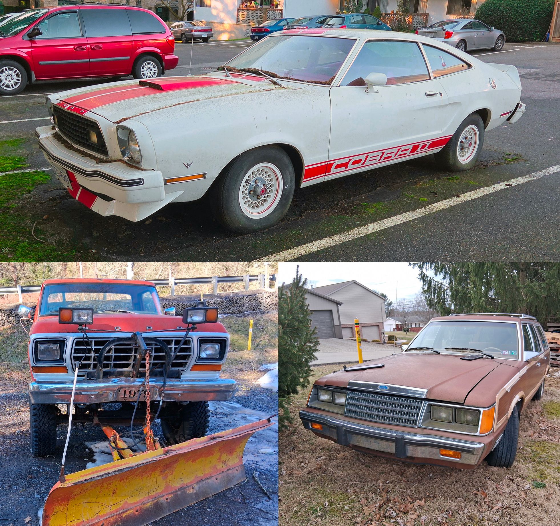Picture of 1977 Ford Mustang Cobra II in white with red stripes, 1979 Ford F-250 4X4 in Coral, and 1984 Ford LTD Squire Wagon in brown