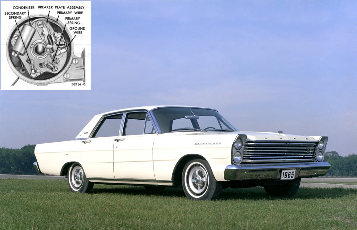 The Brain Is In The Carburetor? Understanding Ford's Forgotten Loadomatic Distributor 1 Factory image of white 1965 Ford Galaxie 500 Sedan with an inset image of a Ford Loadomatic distributor