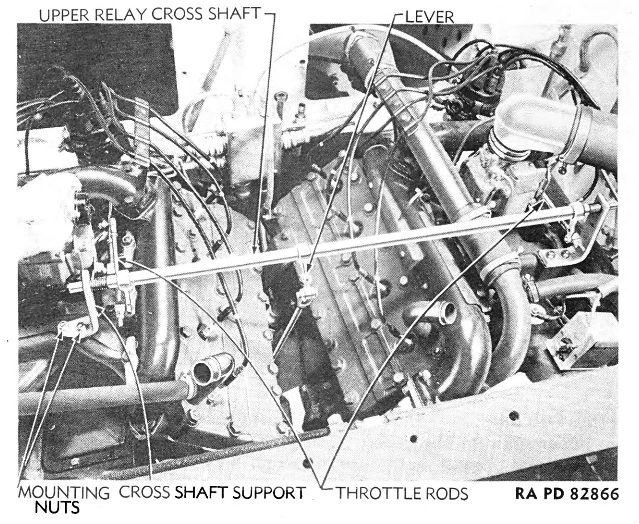 This WW2 Tank Is Powered By Twin Cadillac Engines And Hydra-Matic Transmissions, And It Was Parked Down The Street 11 B&W photo of the upper relay cross shaft connecting the throttles of the M5 tank's two engines