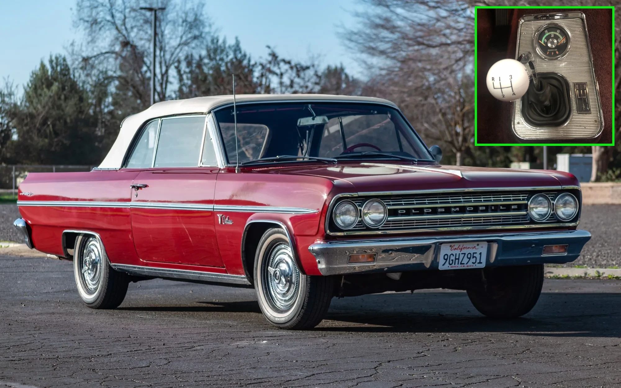 1963 Oldsmobile F-85 Cutlass Convertible With Aluminum V-8 And 4-Speed: Not Quite A 4-4-2 1 Right front 3q view of a Regal Mist 1963 Oldsmobile Cutlass convertible with the top up and a small inset image showing the 4-speed shifter