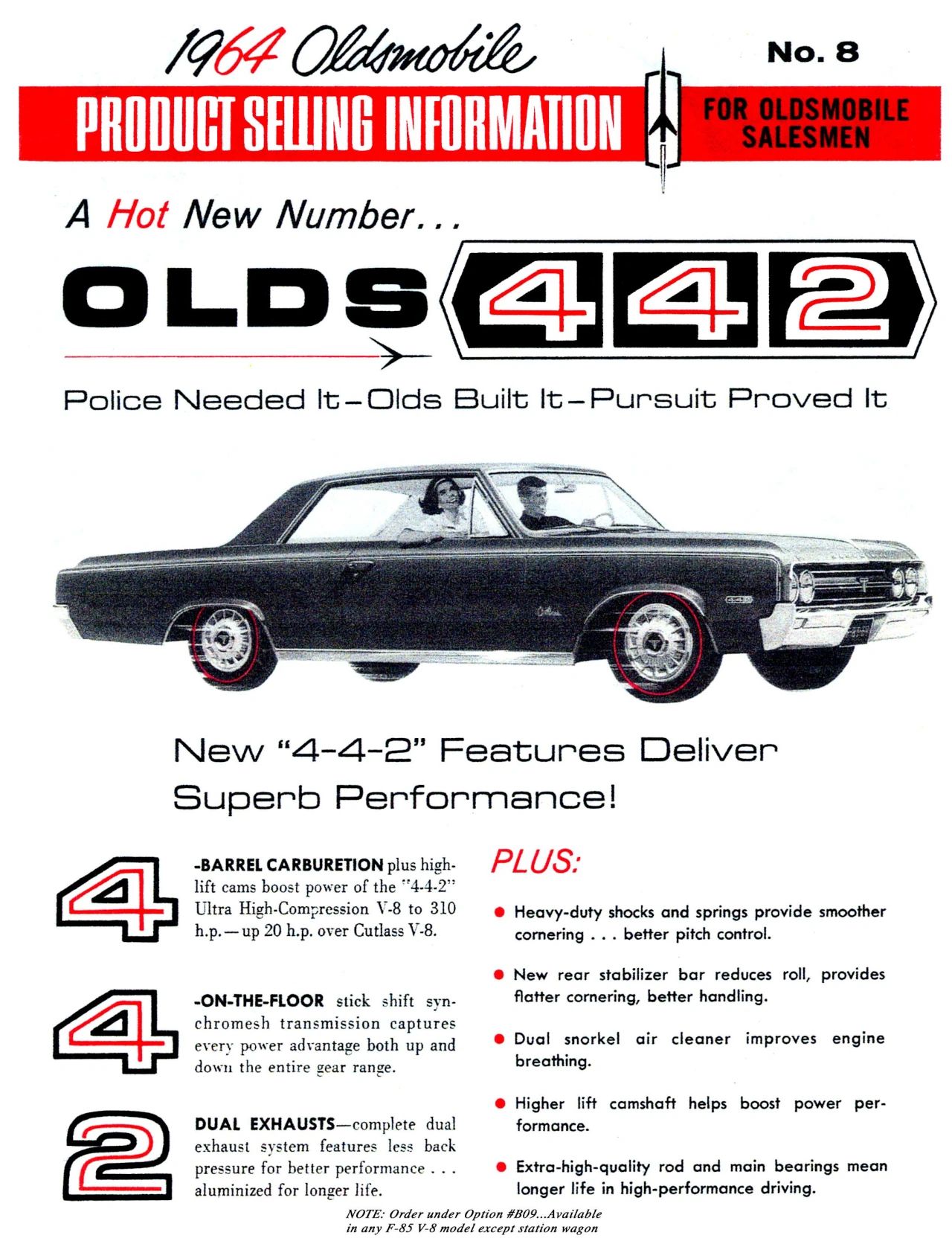 1973 Oldsmobile Cutlass S 4-4-2: What's In A Name (Or A Number?) 3 1964 Oldsmobile Product Selling Information sheet for the Olds 442, with the headline "Police Needed It—Olds Built It—Pursuit Proved It" and the explanation that "4-4-2" stood for 4-barrel carburetion, 4-on-the-floor, and dual exhausts