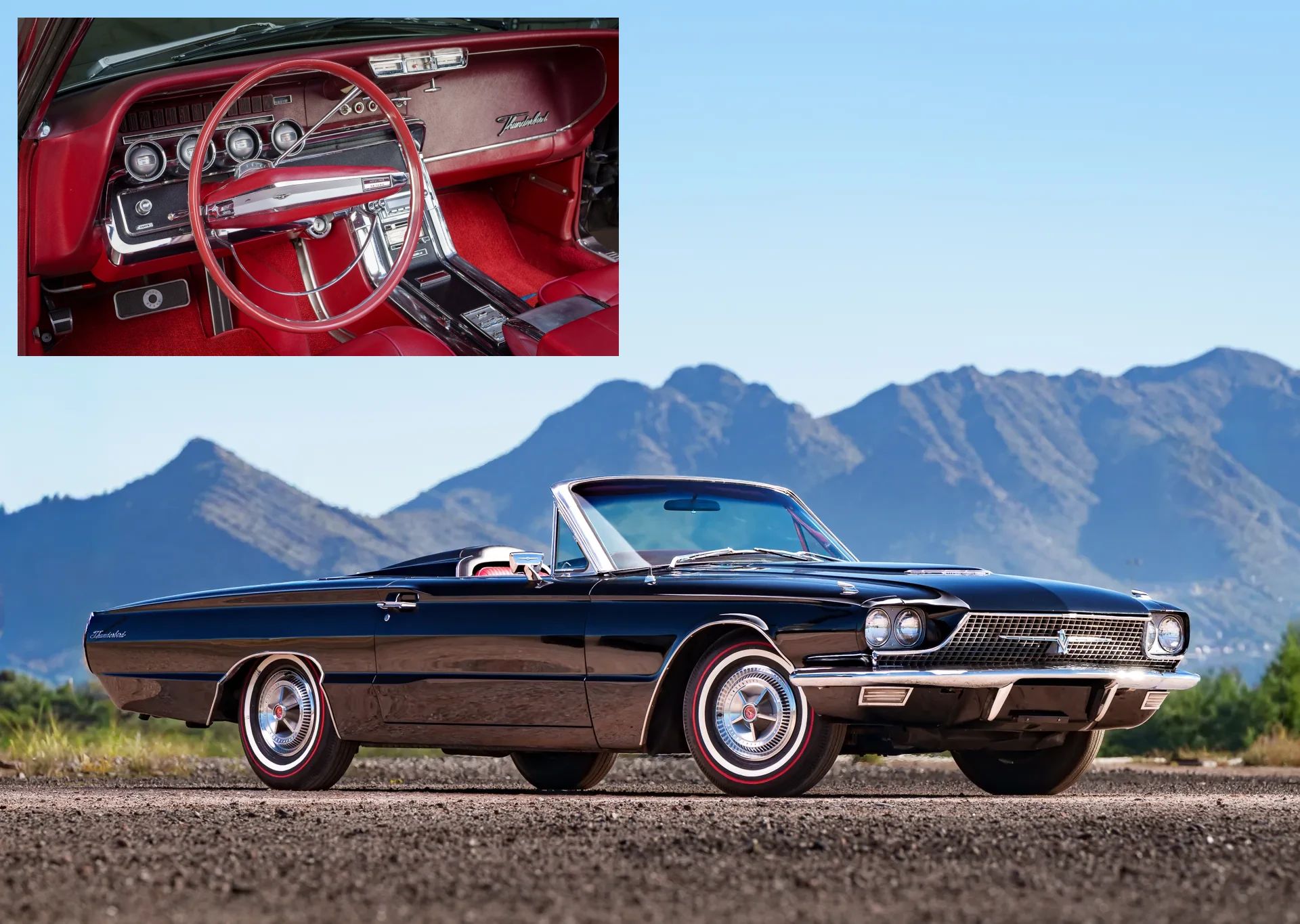 1966 Ford Thunderbird: Dream Car With A Space Age Interior To Let Your Inner Child Take Flight 1 Right front 3q view of a Raven Black 1966 Ford Thunderbird convertible with a mountain background and an inset image of the car's red interior