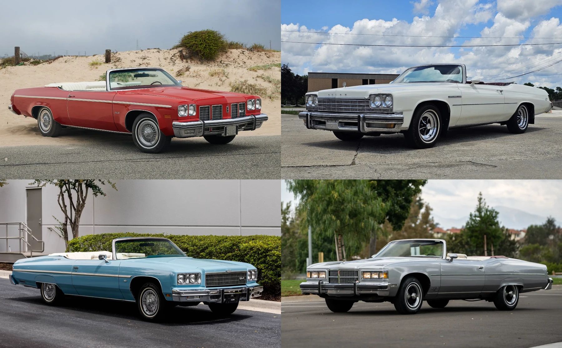 Montage of four 1975 GM full-size convertibles: a Crimson Red Oldsmobile Delta 88 Royale, an Arctic White LeSabre Custom, a Medium Blue Caprice Classic, and a Sterling Silver Grand Ville Brougham
